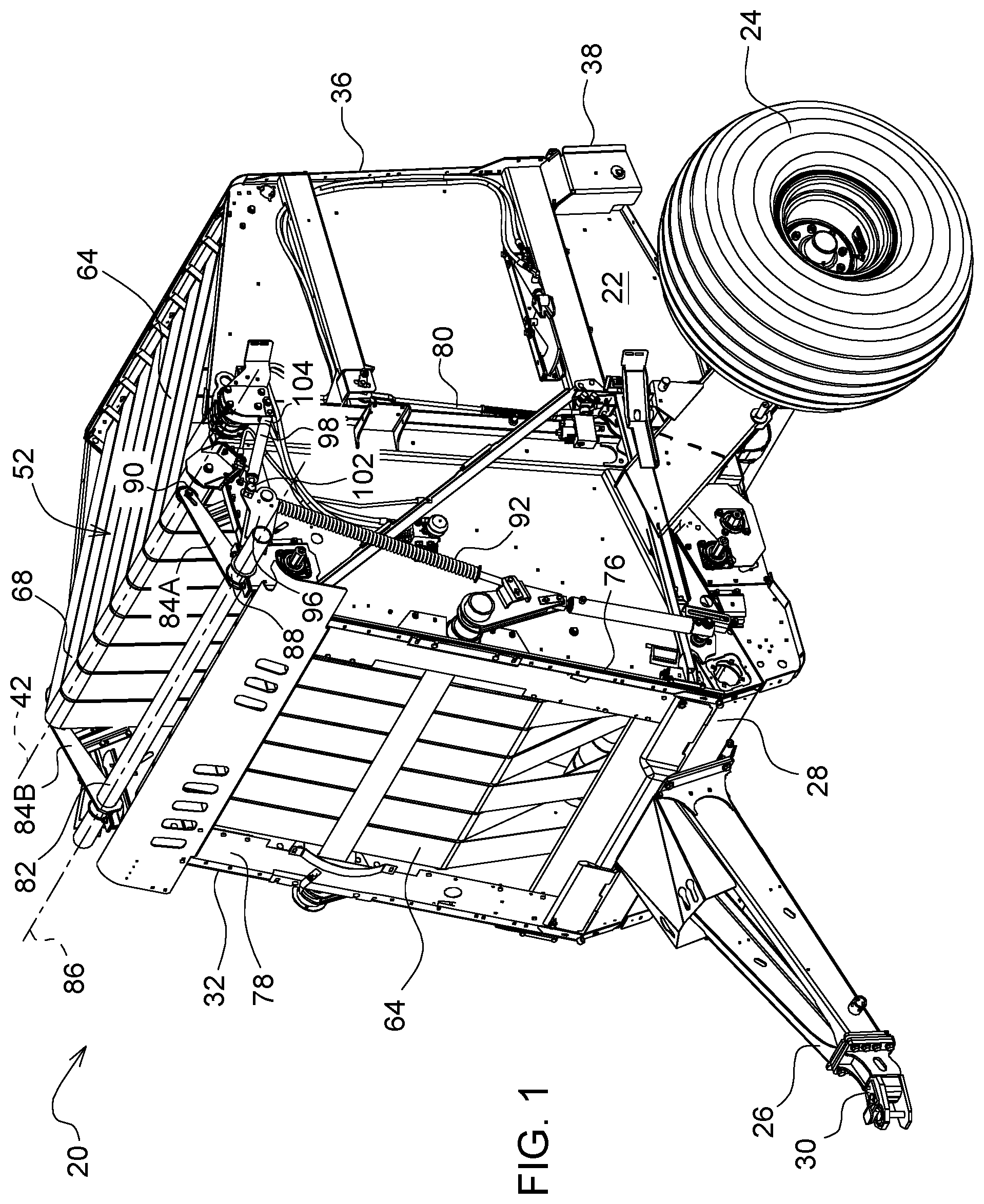 Patent US11771010 — Round baler with position controlled take-up roller, and method of operating a round baler — Figure 1