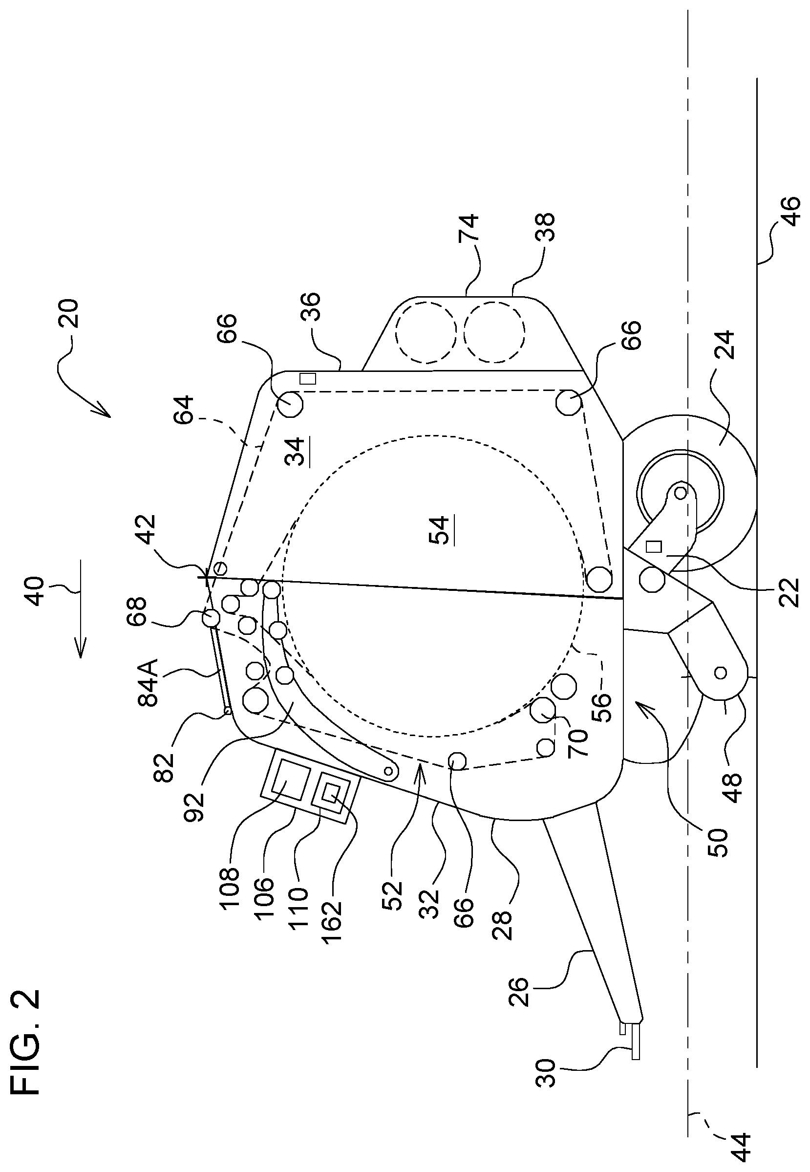Patent US11771010 Figure 2 – Round baler with position controlled take-up roller, and method of operating a round baler