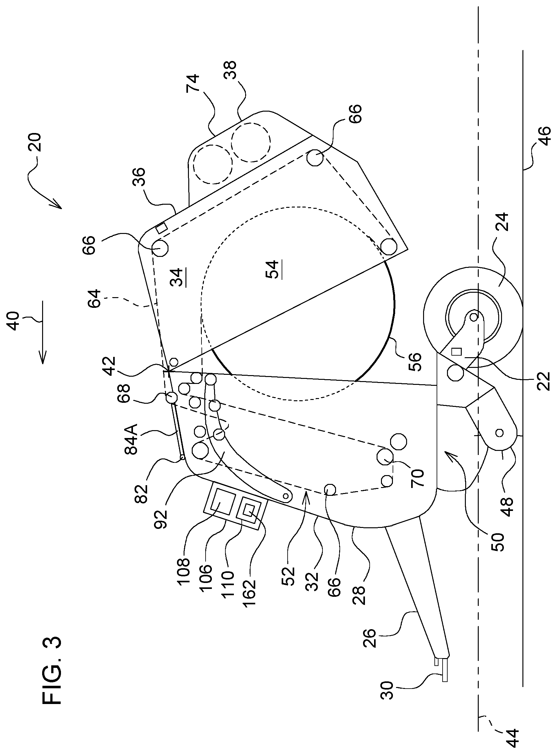 Patent US11771010 Figure 3 – Round baler with position controlled take-up roller, and method of operating a round baler