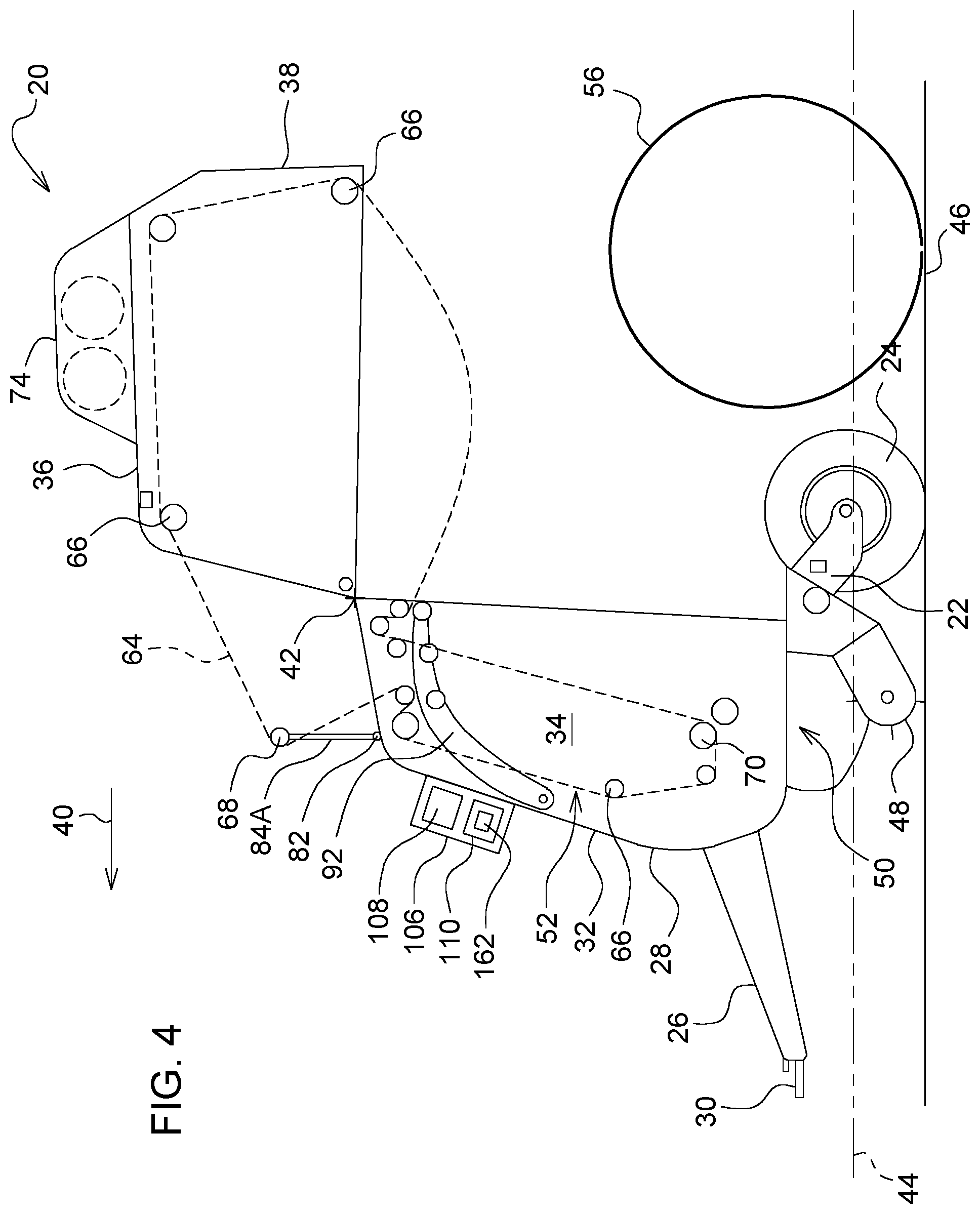 Patent US11771010 Figure 4 – Round baler with position controlled take-up roller, and method of operating a round baler
