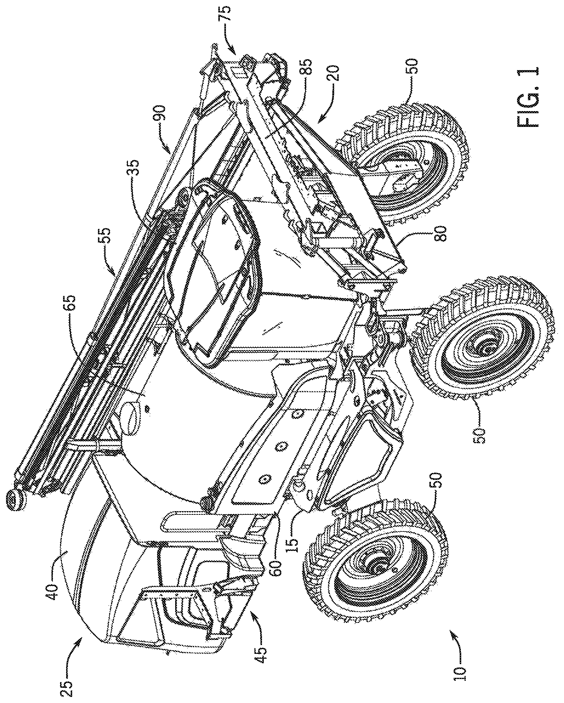 Patent US11771075 Figure 1 – Agricultural vehicle having a brake pedal interface for controlling an application boom