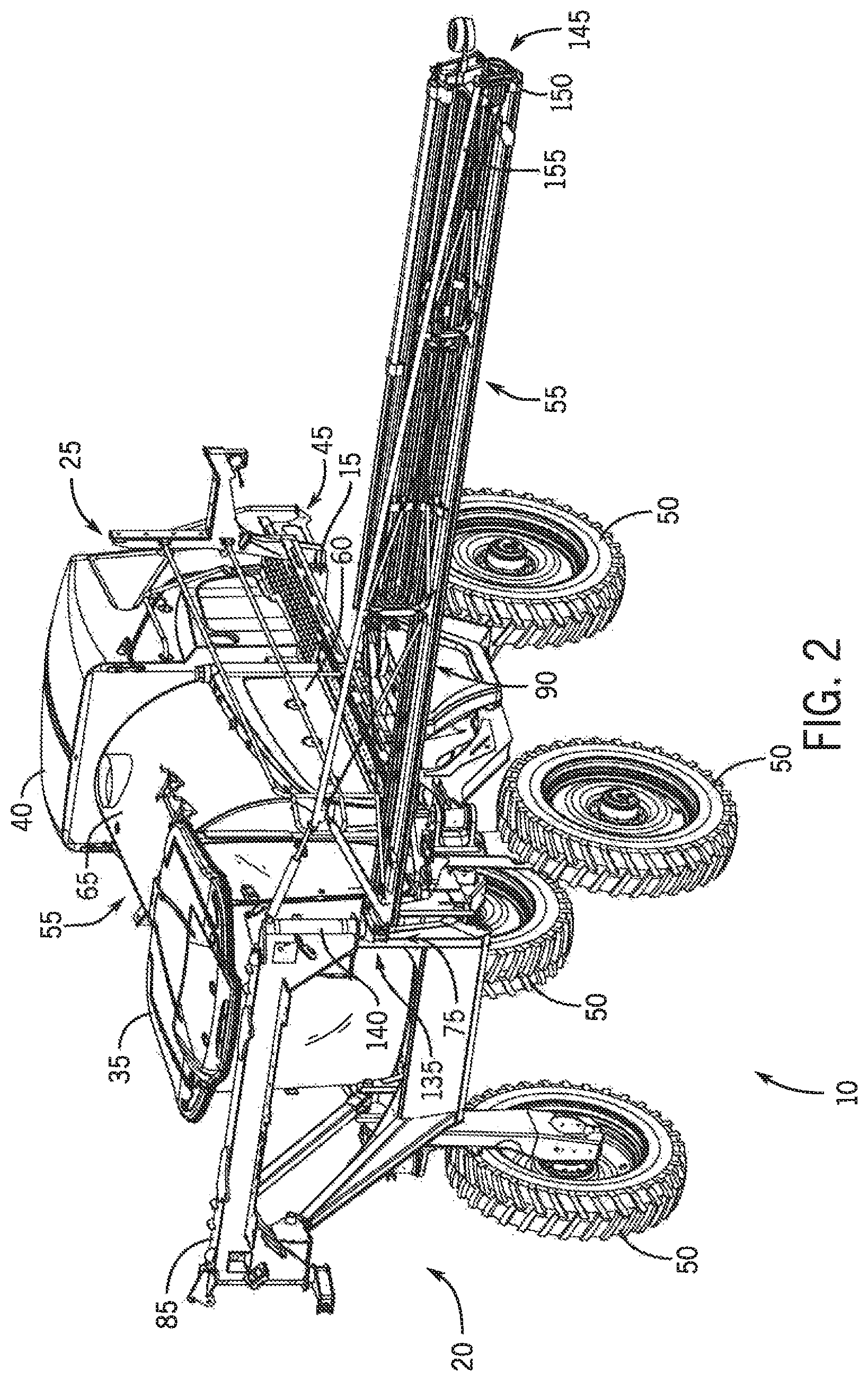Patent US11771075 Figure 2 – Agricultural vehicle having a brake pedal interface for controlling an application boom