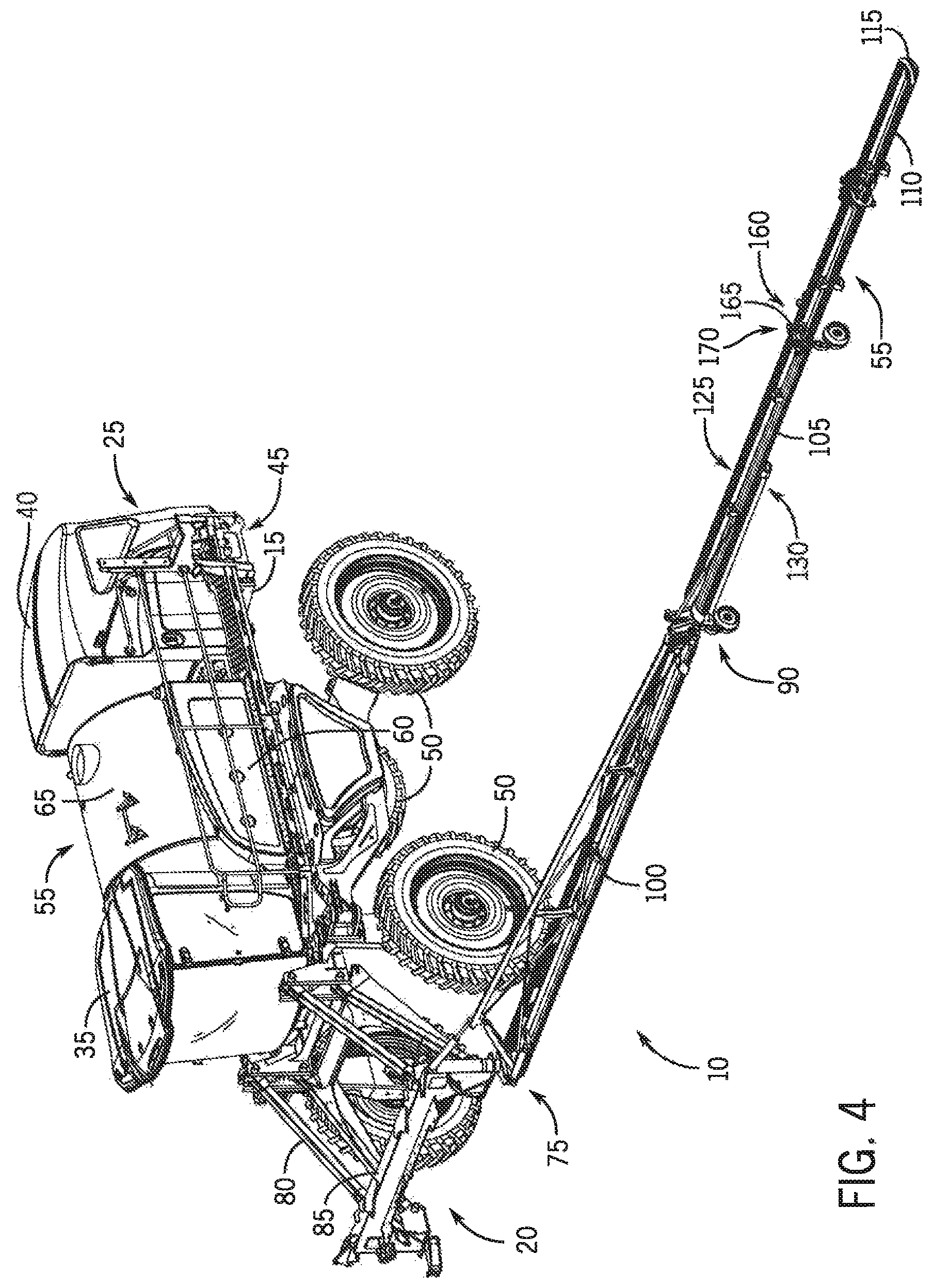 Patent US11771075 Figure 4 – Agricultural vehicle having a brake pedal interface for controlling an application boom