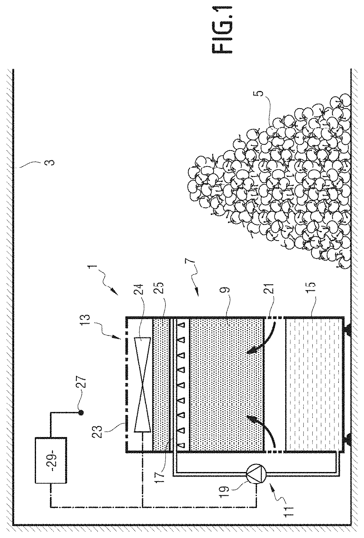 Patent US11771101 Figure 1 – Apparatus for treatment of the atmosphere of a storage space for vegetable products