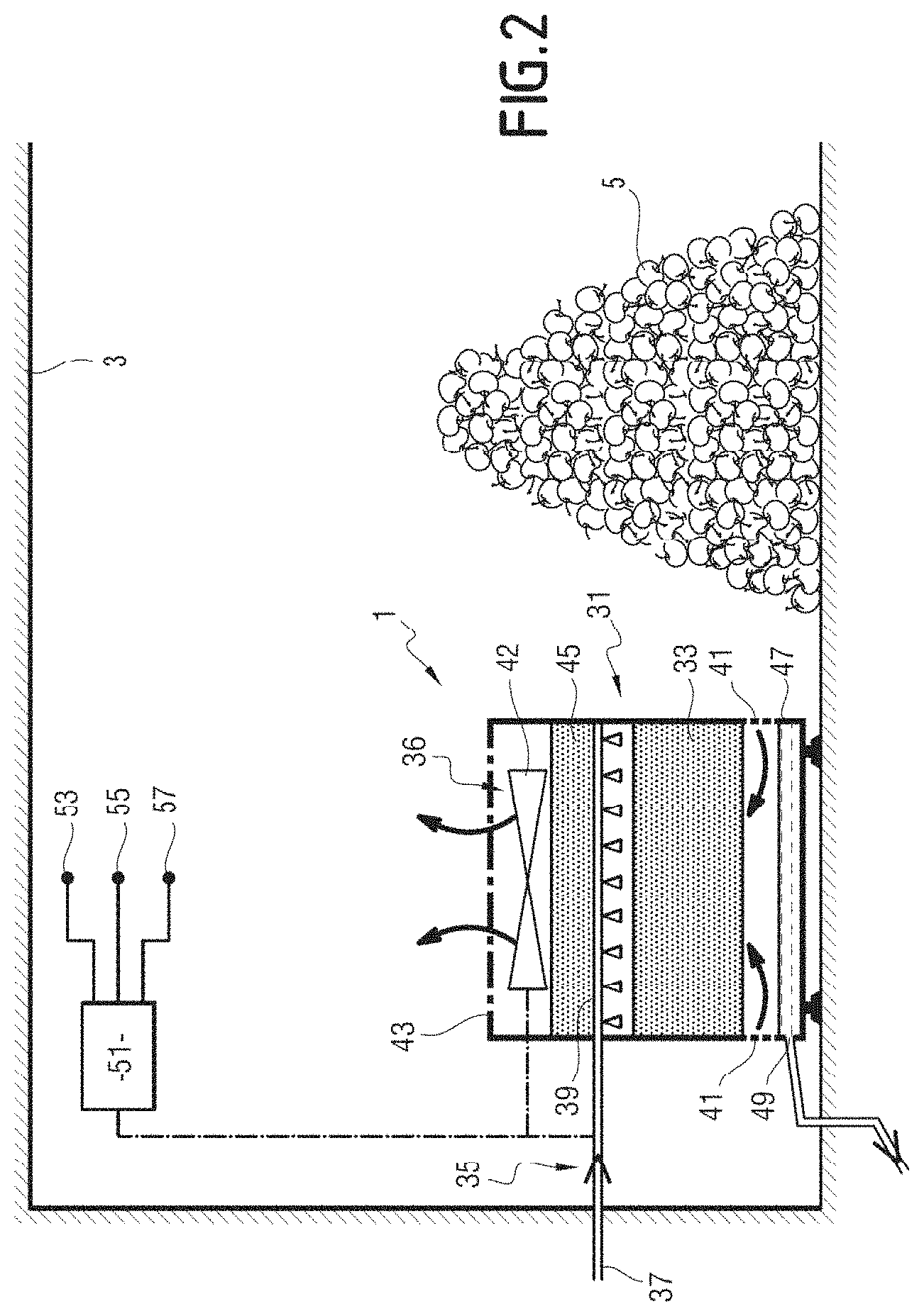 Patent US11771101 Figure 2 – Apparatus for treatment of the atmosphere of a storage space for vegetable products