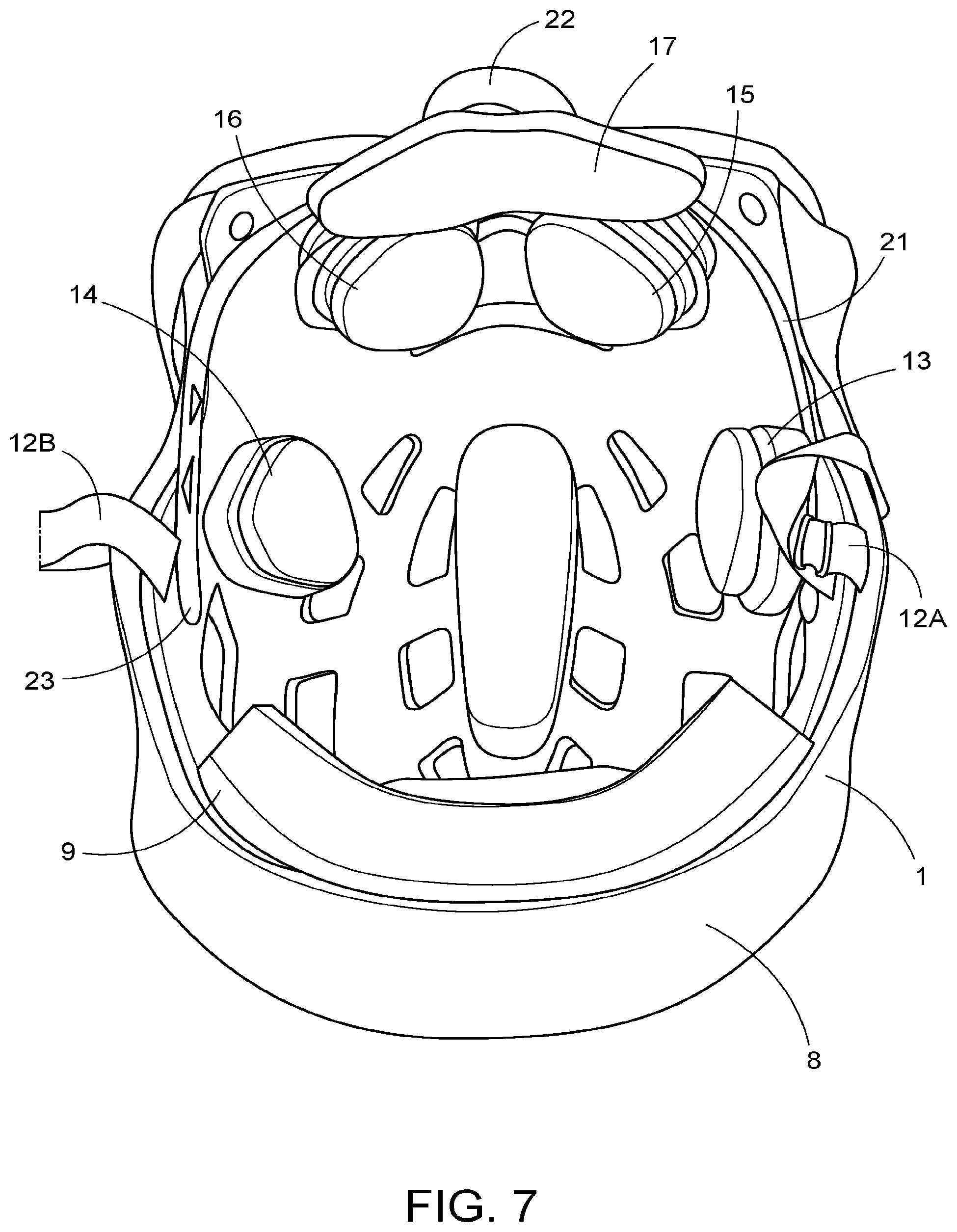 Patent US11771166 Figure 7 – Soft athletic helmet and rear closure mechanism