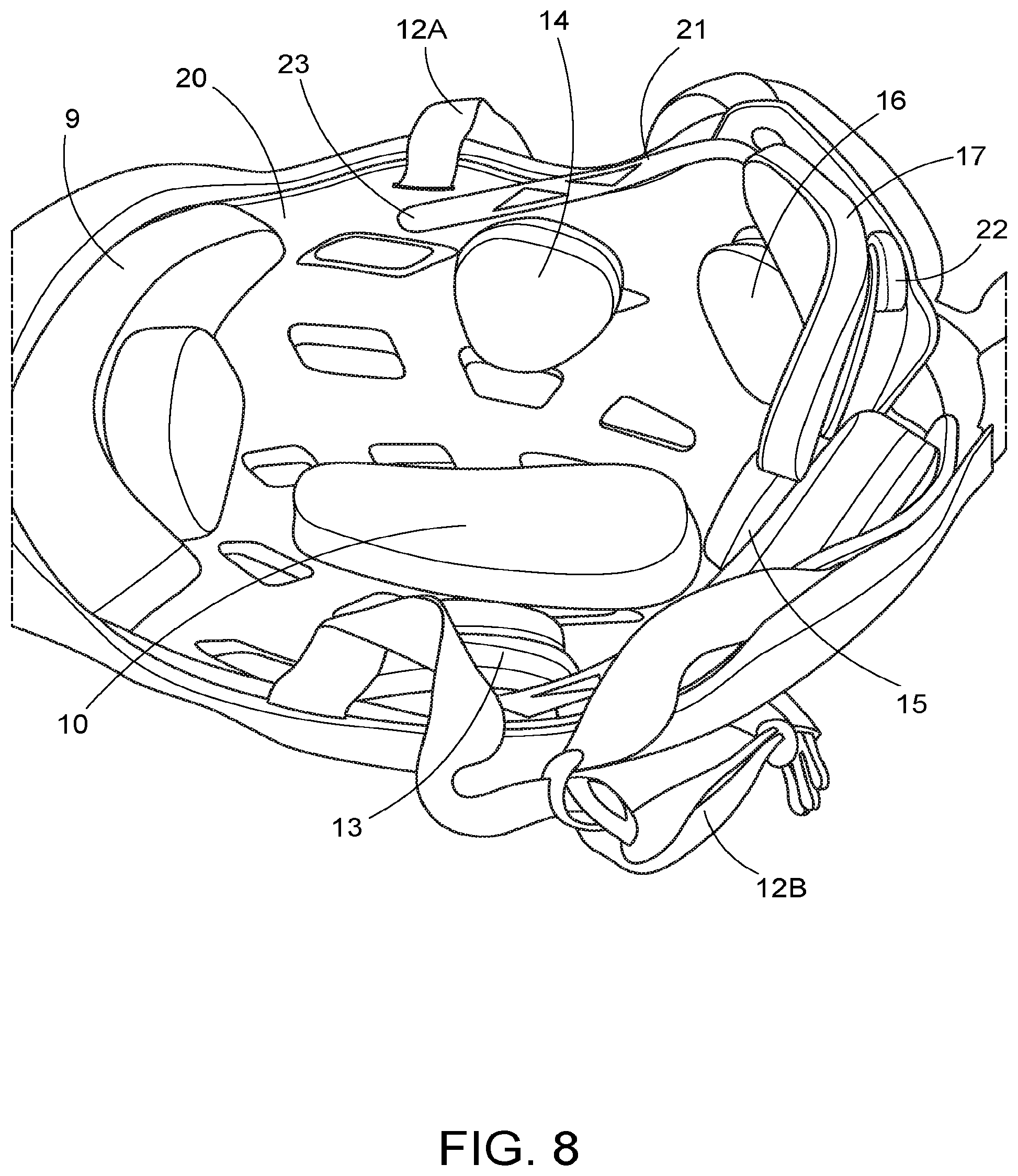 Patent US11771166 Figure 8 – Soft athletic helmet and rear closure mechanism