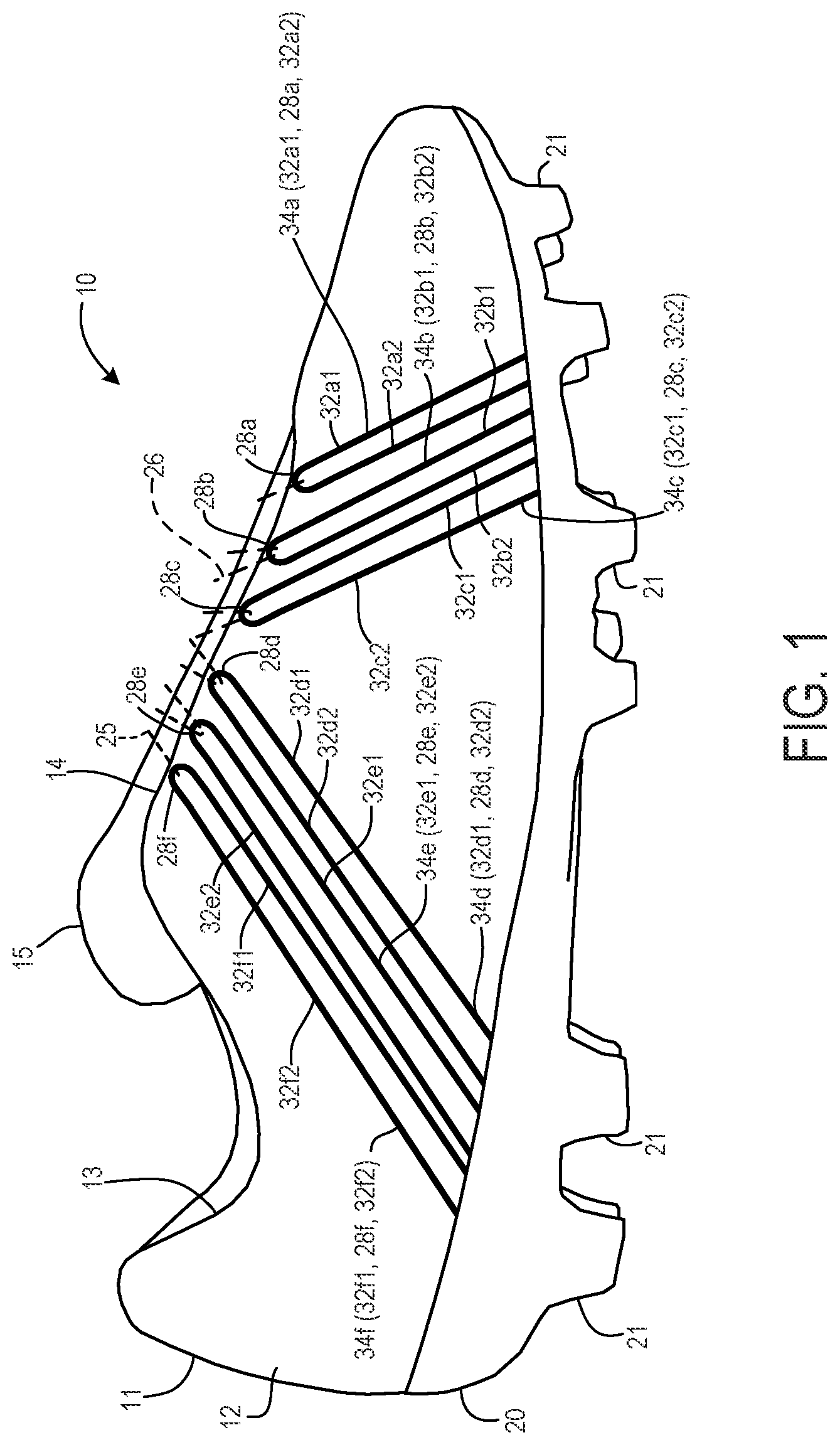 Patent US11771176 — Footwear with aligned tensile restraints — Figure 1