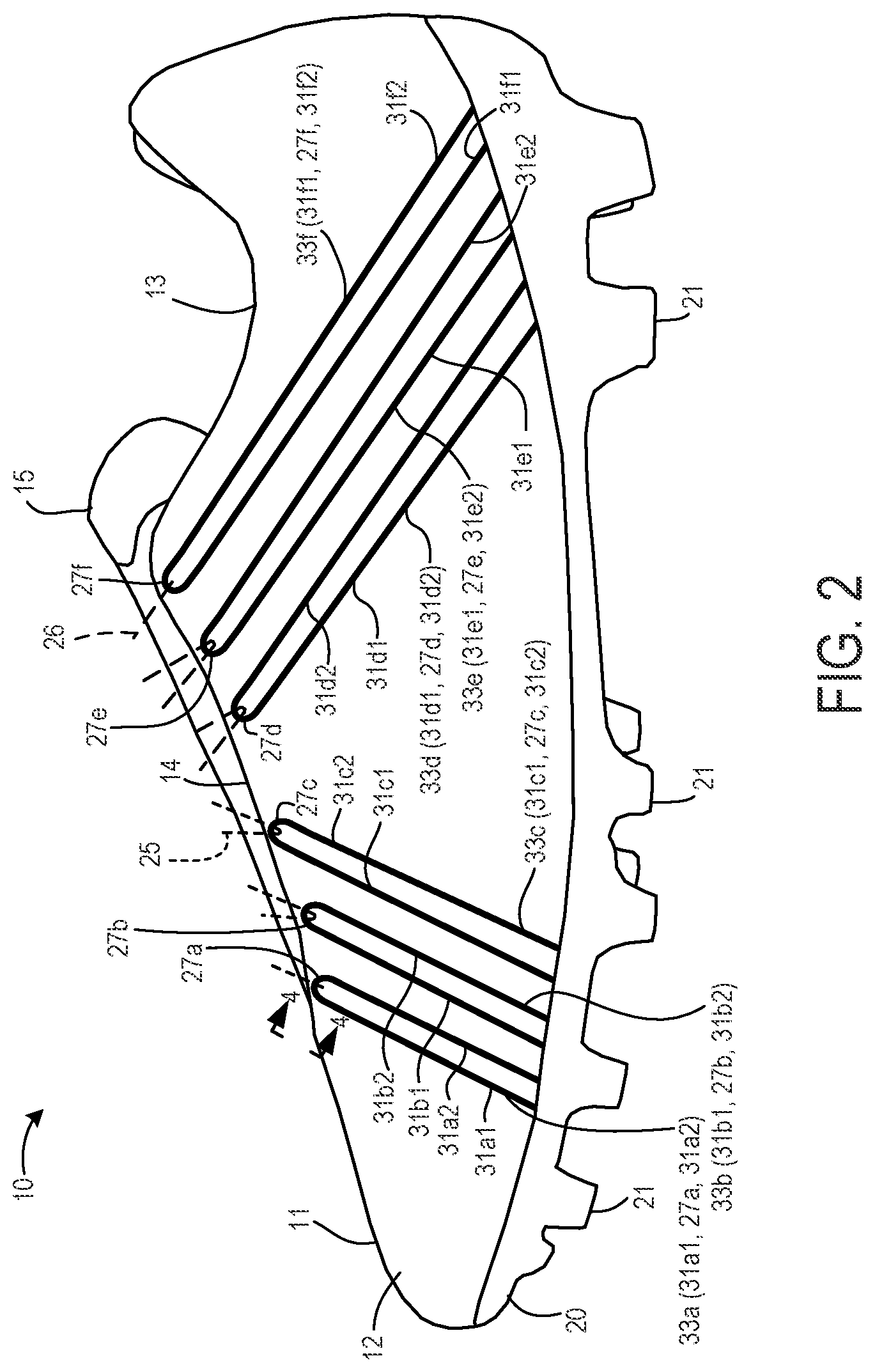 Patent US11771176 Figure 2 – Footwear with aligned tensile restraints