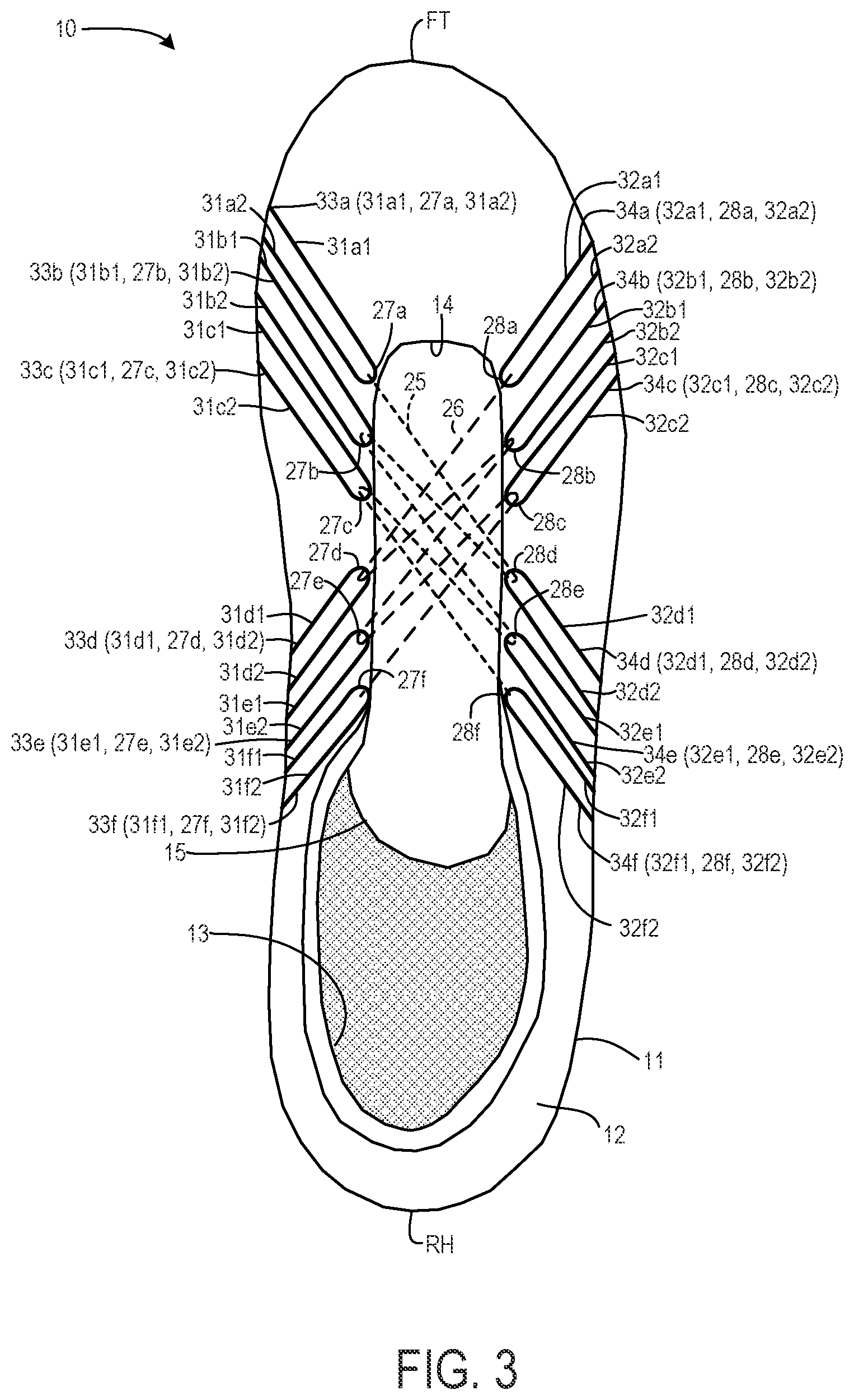 Patent US11771176 Figure 3 – Footwear with aligned tensile restraints