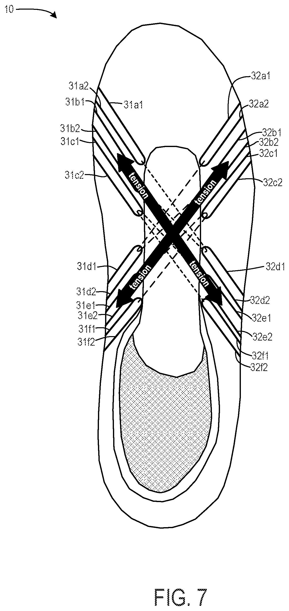 Patent US11771176 Figure 7 – Footwear with aligned tensile restraints