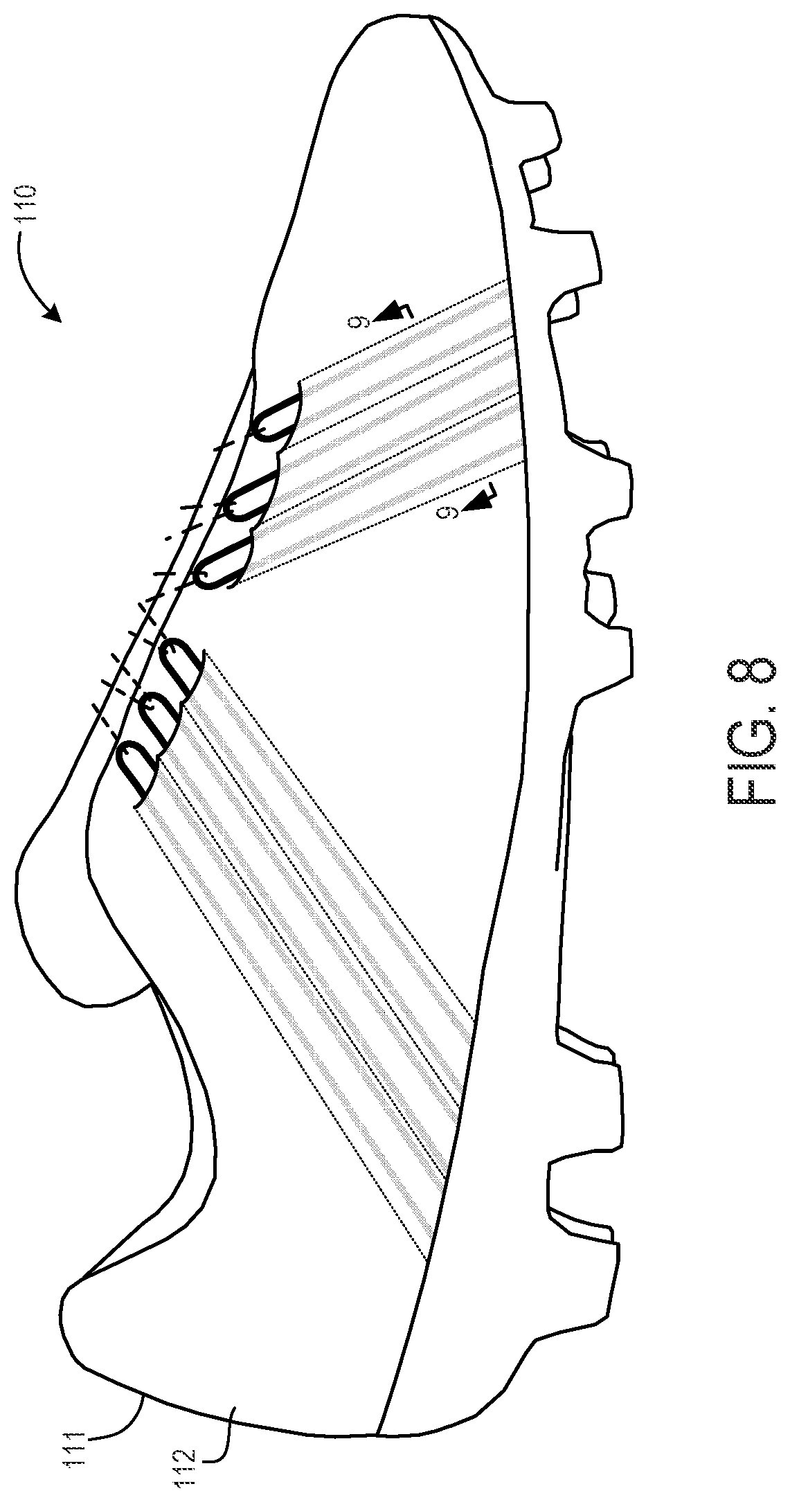 Patent US11771176 Figure 8 – Footwear with aligned tensile restraints