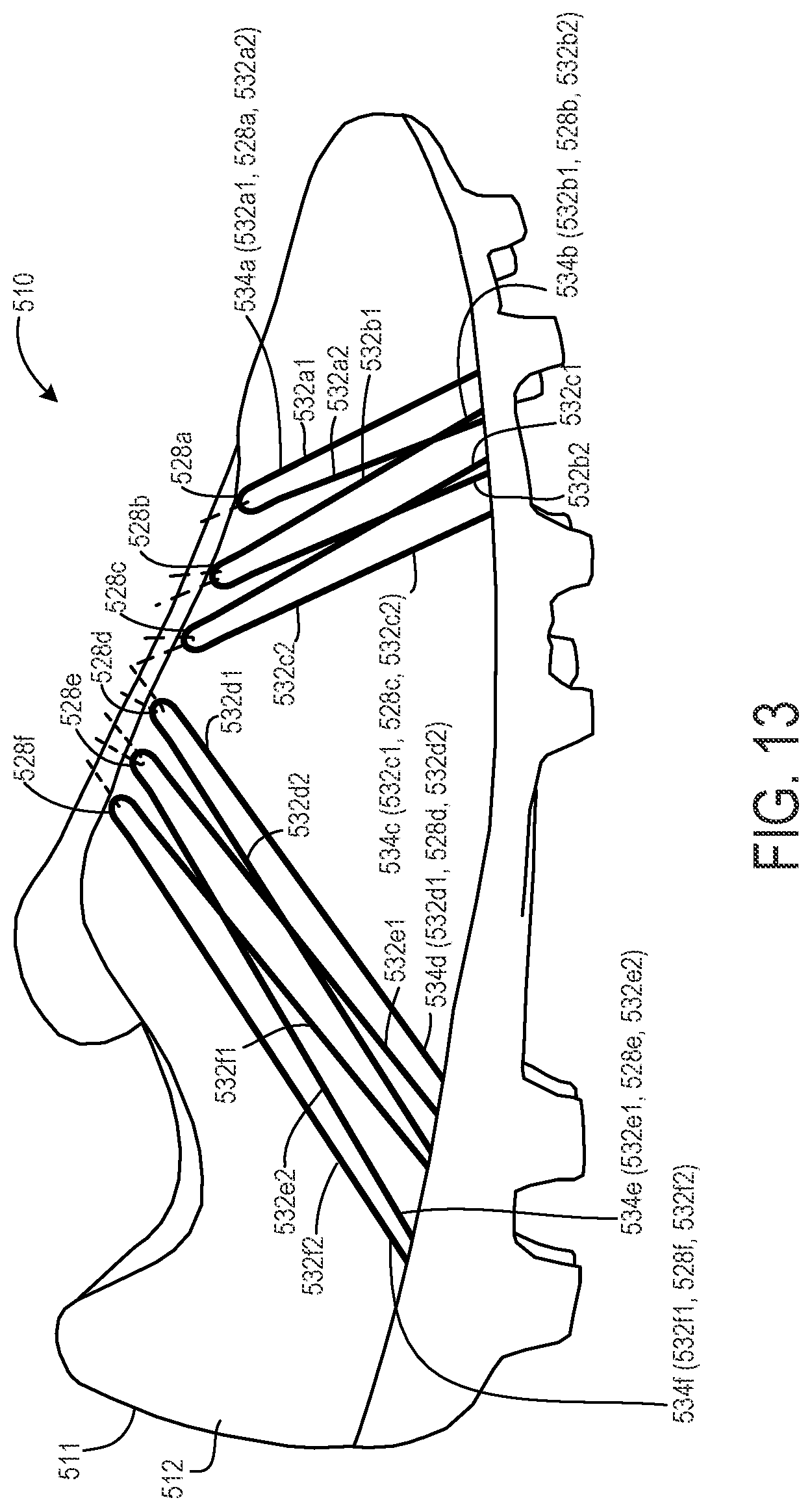 Patent US11771176 Figure 12 – Footwear with aligned tensile restraints