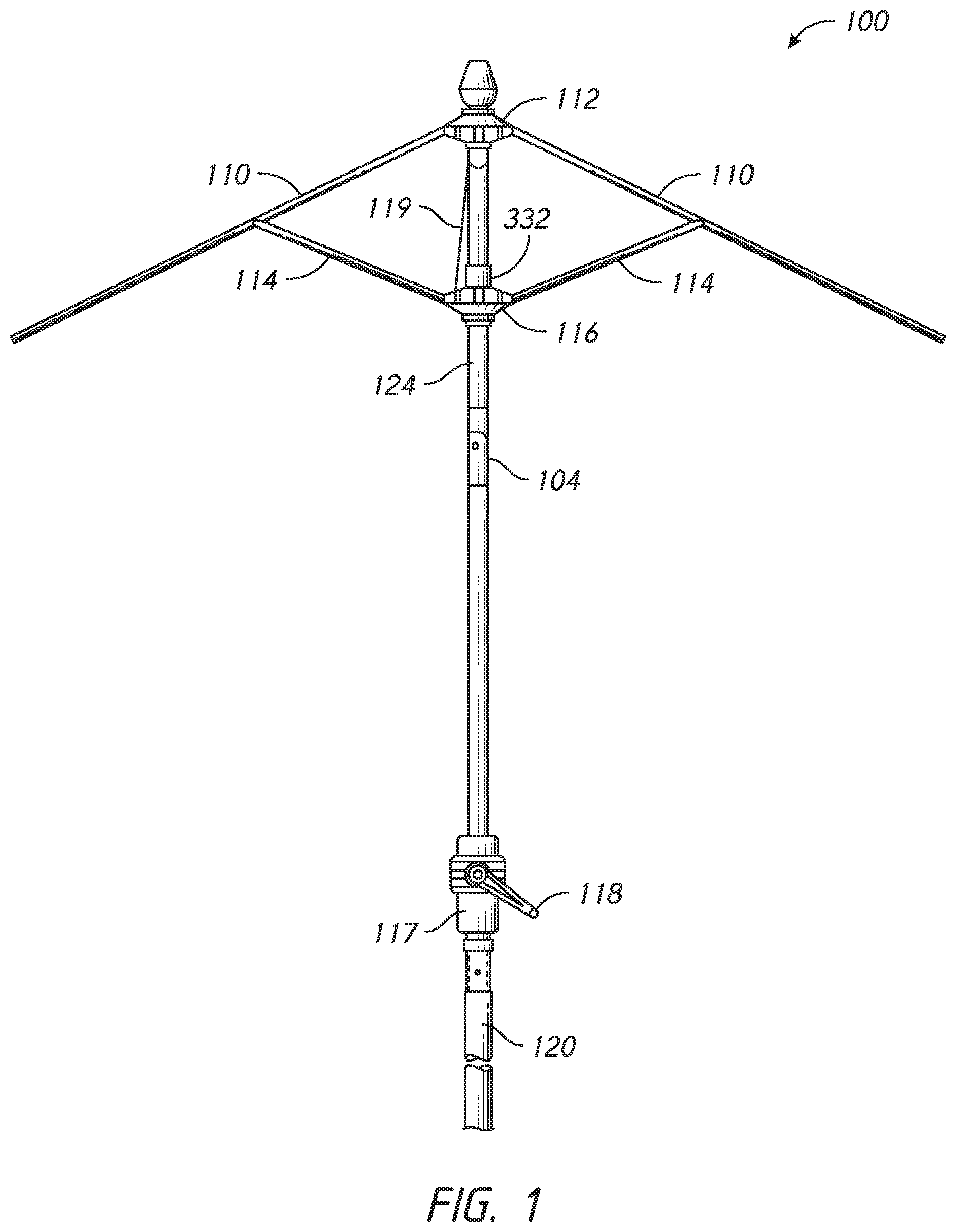 Patent US11771186 Figure 1 – Tiltable umbrella with removable guide track