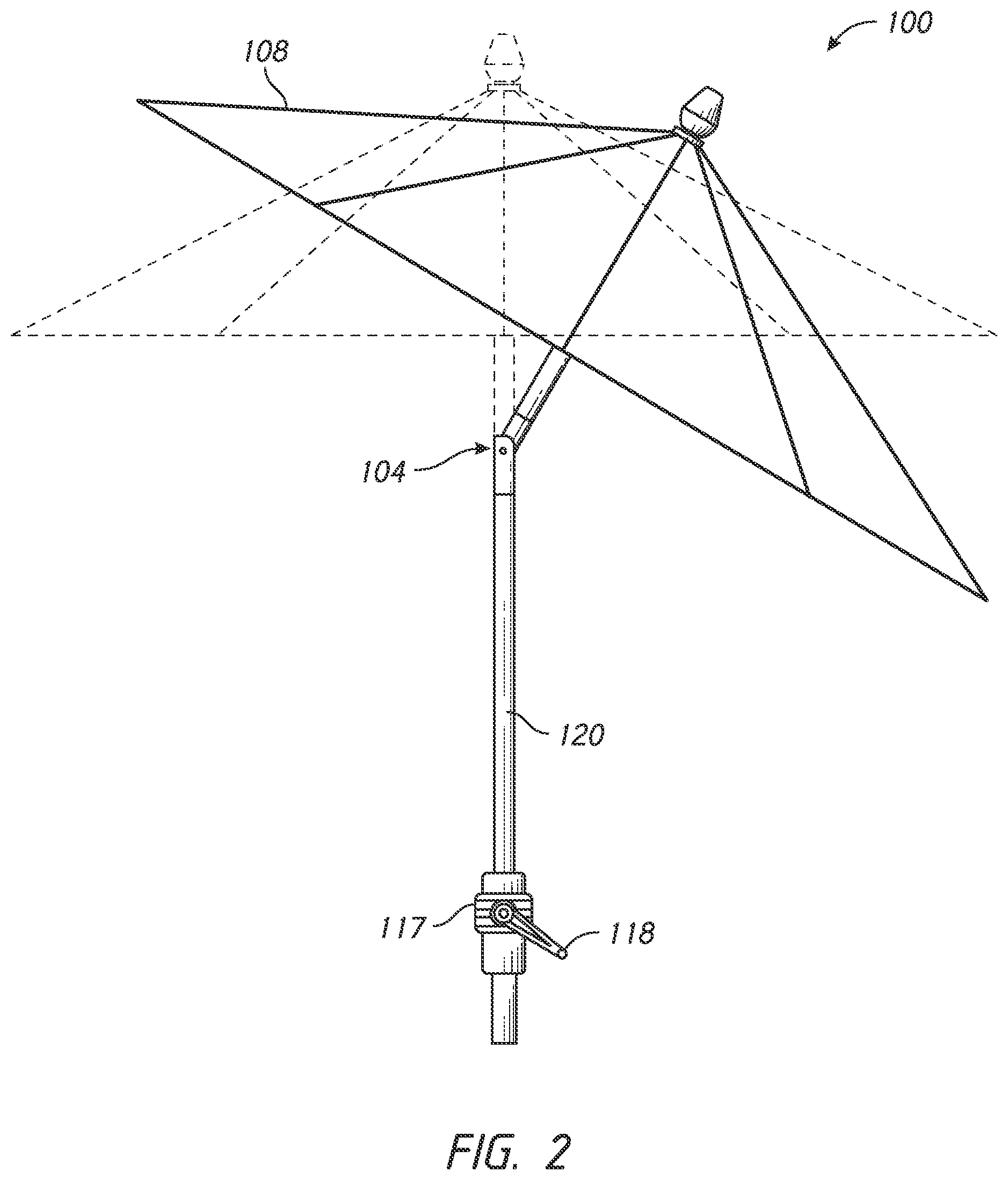 Patent US11771186 Figure 2 – Tiltable umbrella with removable guide track