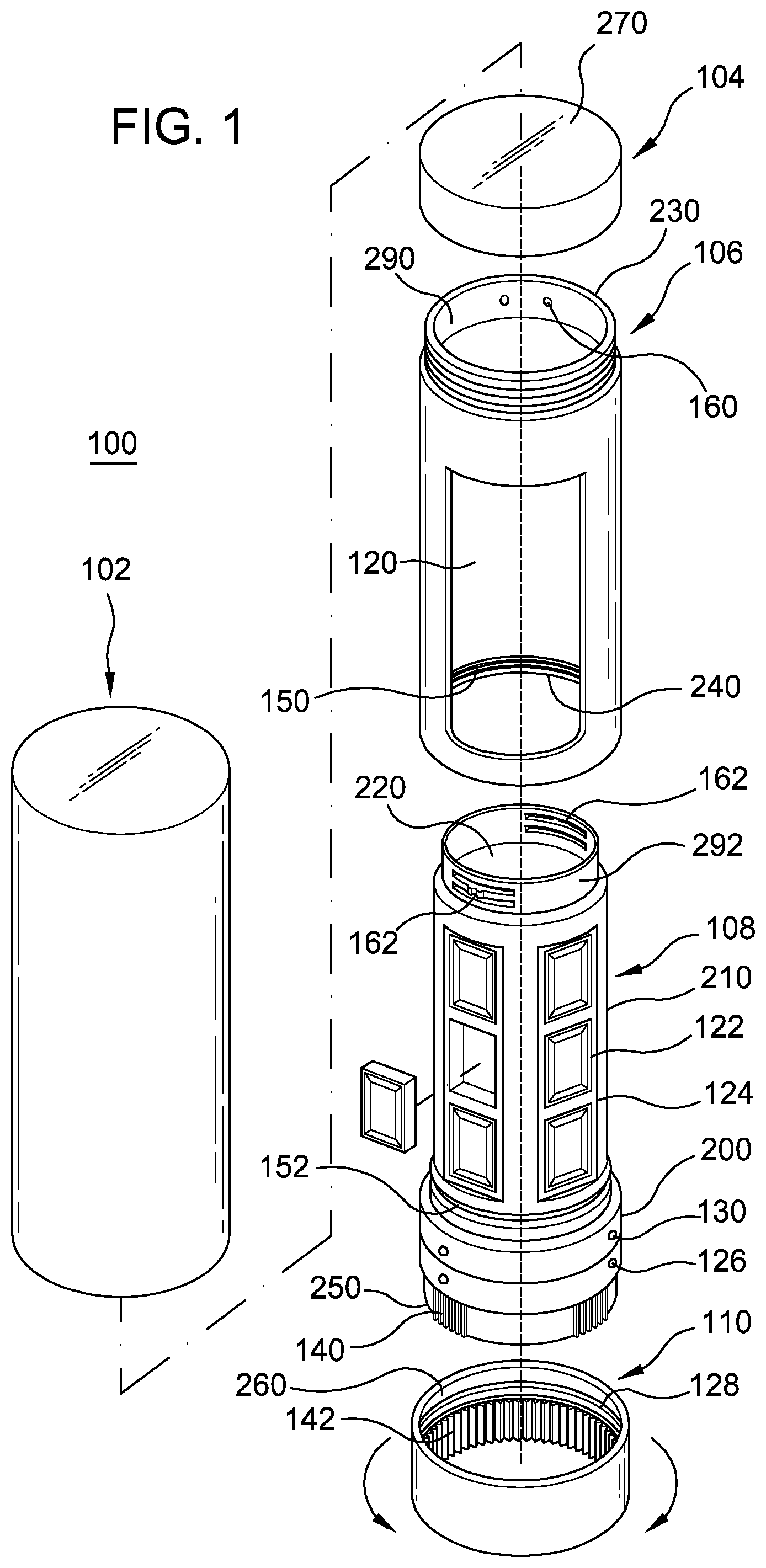 Patent US11771203 Figure 1 – Cosmetic container having replaceable cartridges