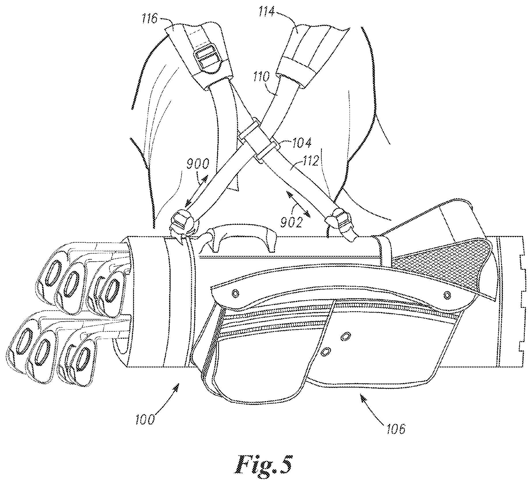 Patent US11771206 Figure 5 – Self-adjustable carrying strap system and methods to manufacture self-adjustable carrying strap system