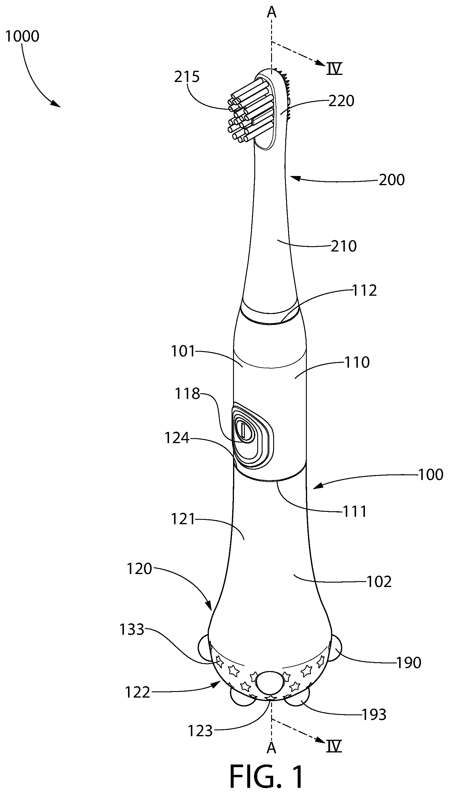 Patent US11771214 Figure 1 – Powered oral care implement including a tracking module and tracking module thereof