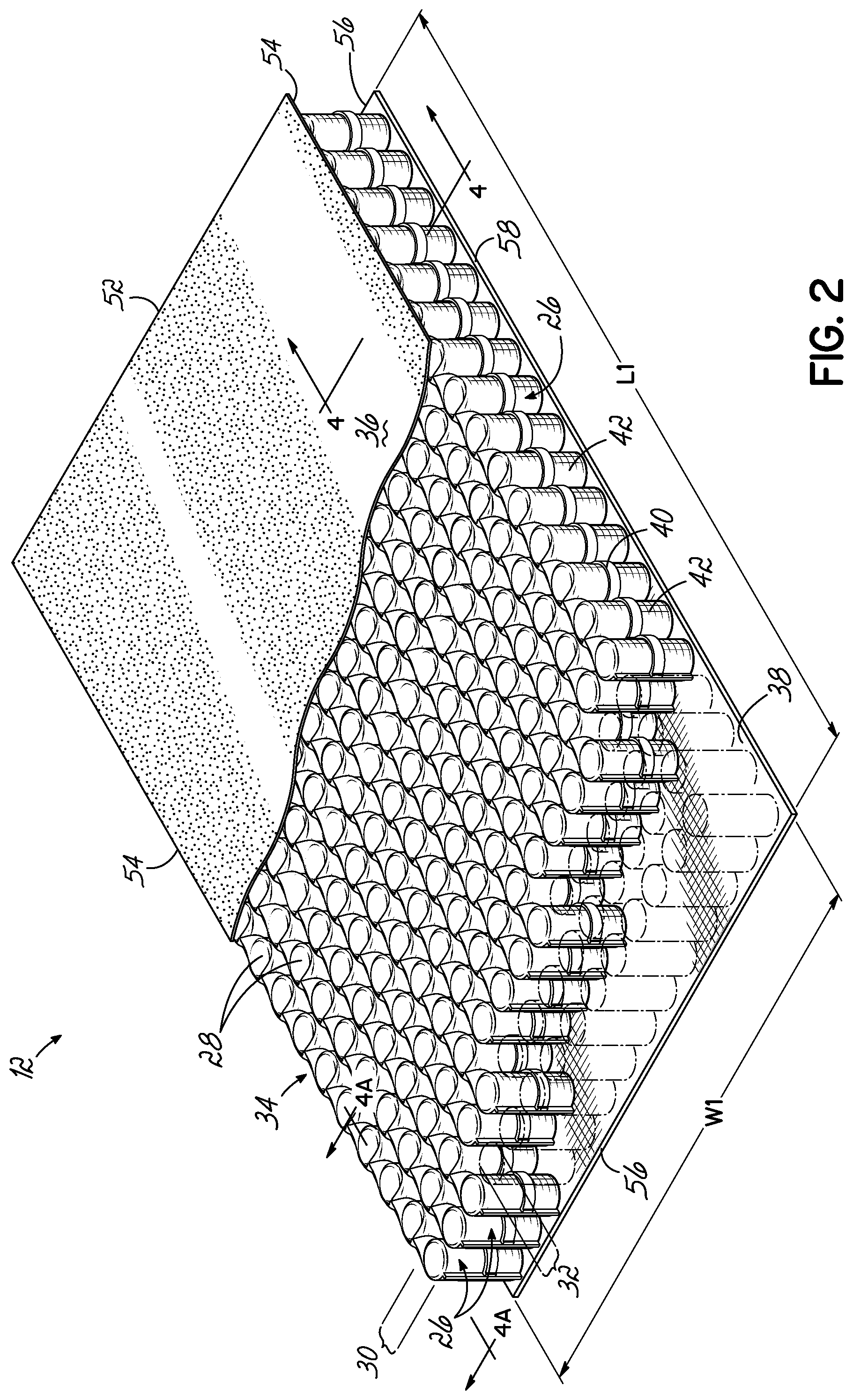 Patent US11771235 Figure 2 – Pocketed spring assembly having dimensionally stabilizing substrate