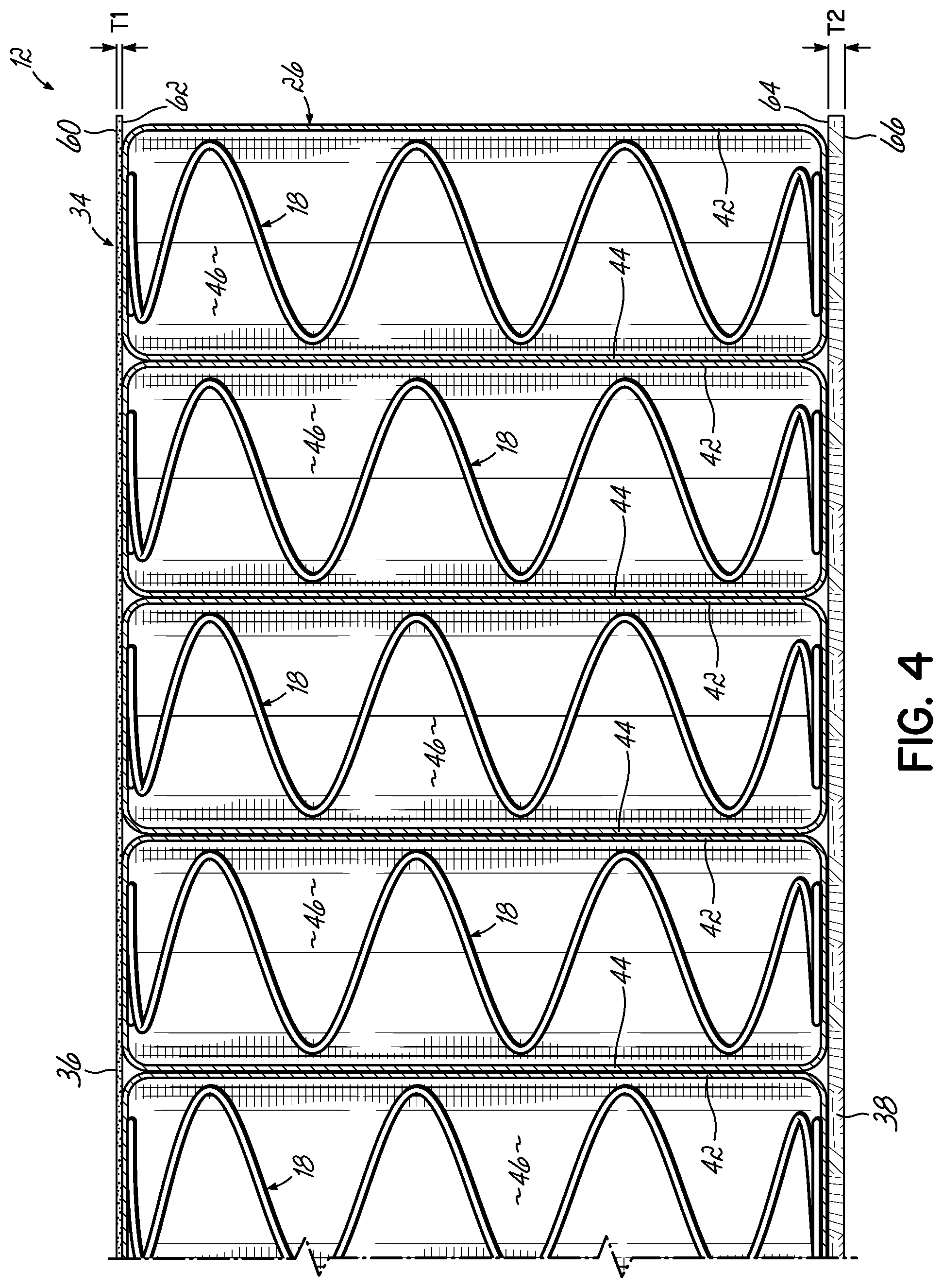 Patent US11771235 Figure 4 – Pocketed spring assembly having dimensionally stabilizing substrate