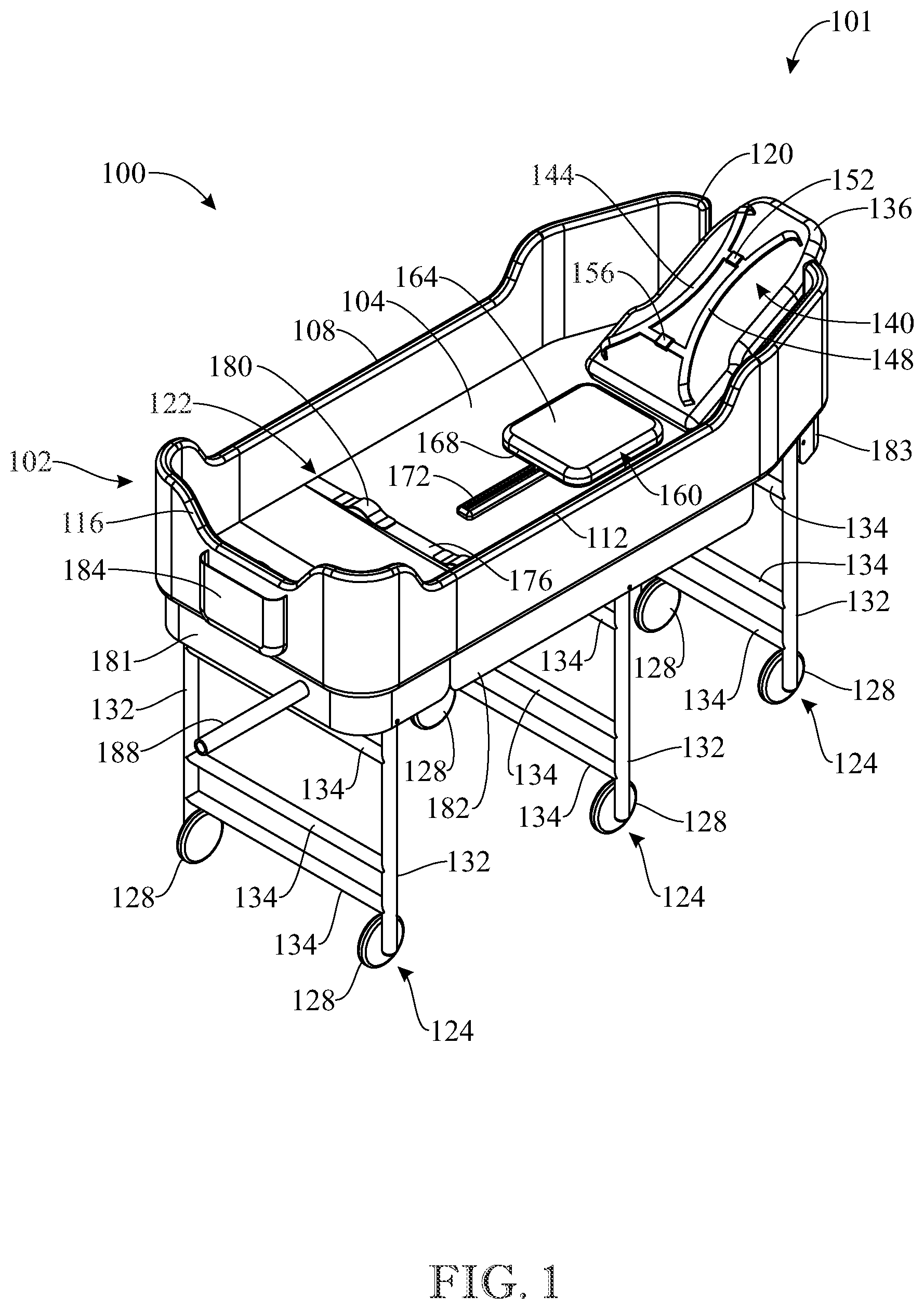 Patent US11771268 Figure 1 – Rolling medical bedside bathing tub
