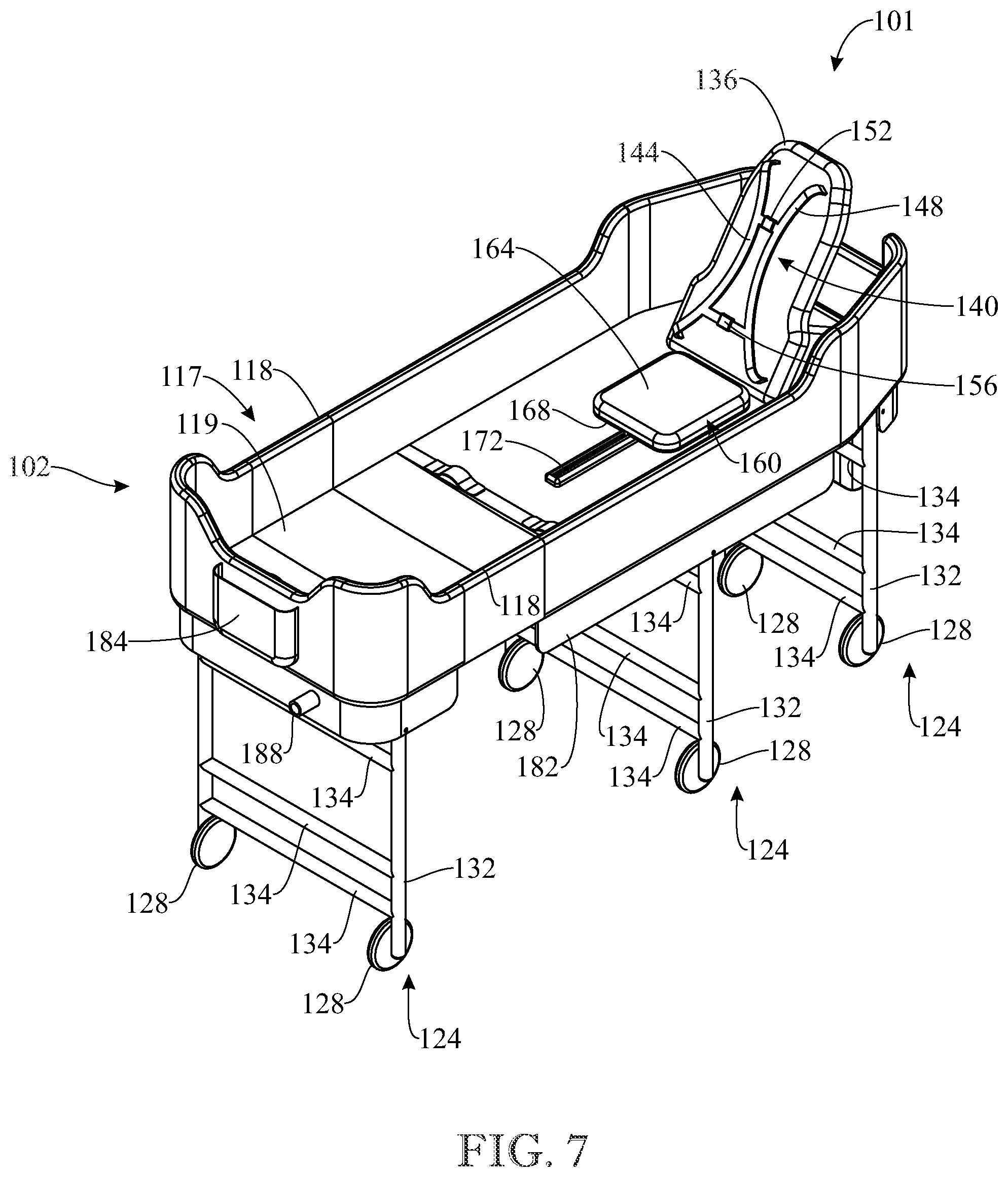 Patent US11771268 Figure 5 – Rolling medical bedside bathing tub