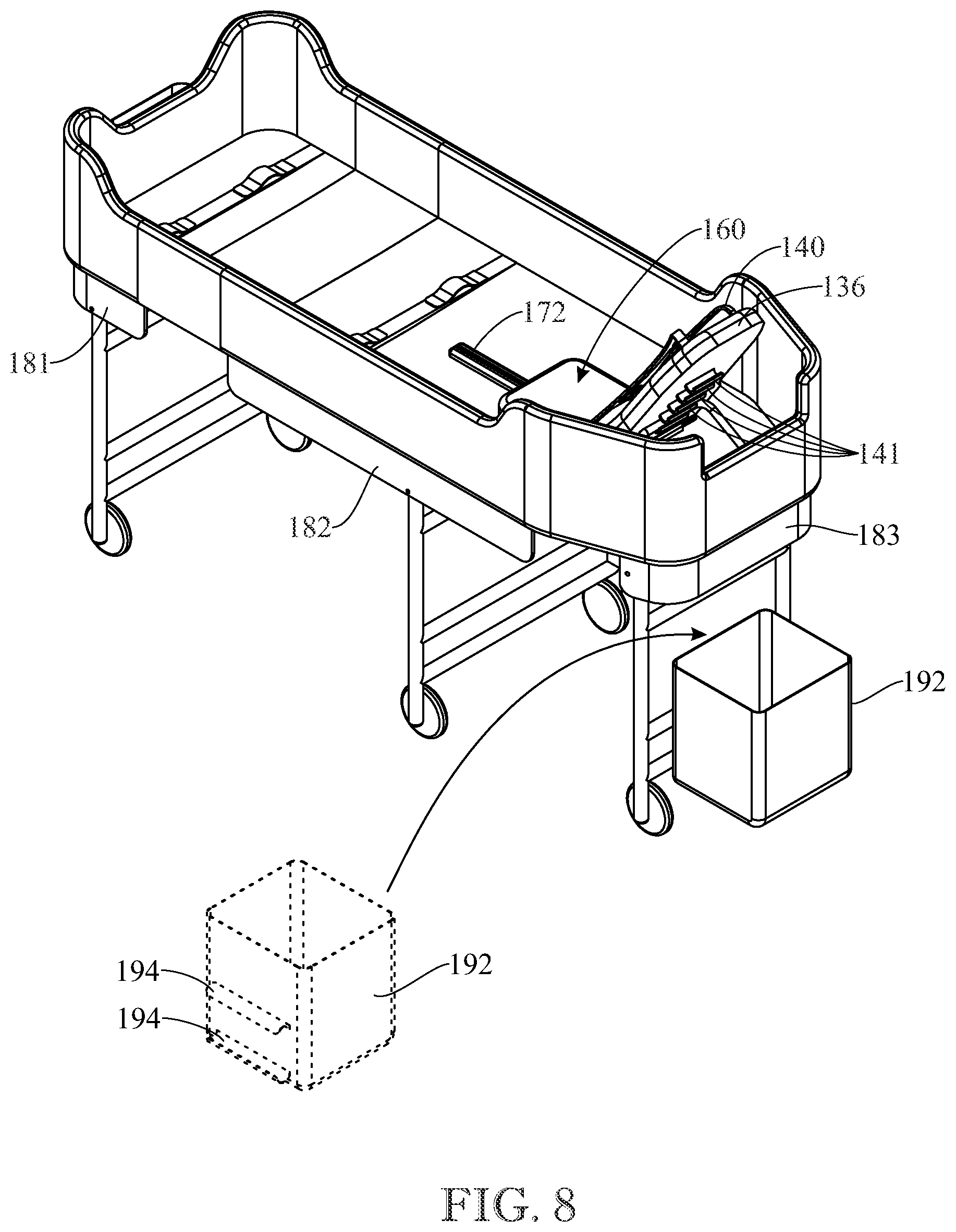 Patent US11771268 Figure 6 – Rolling medical bedside bathing tub
