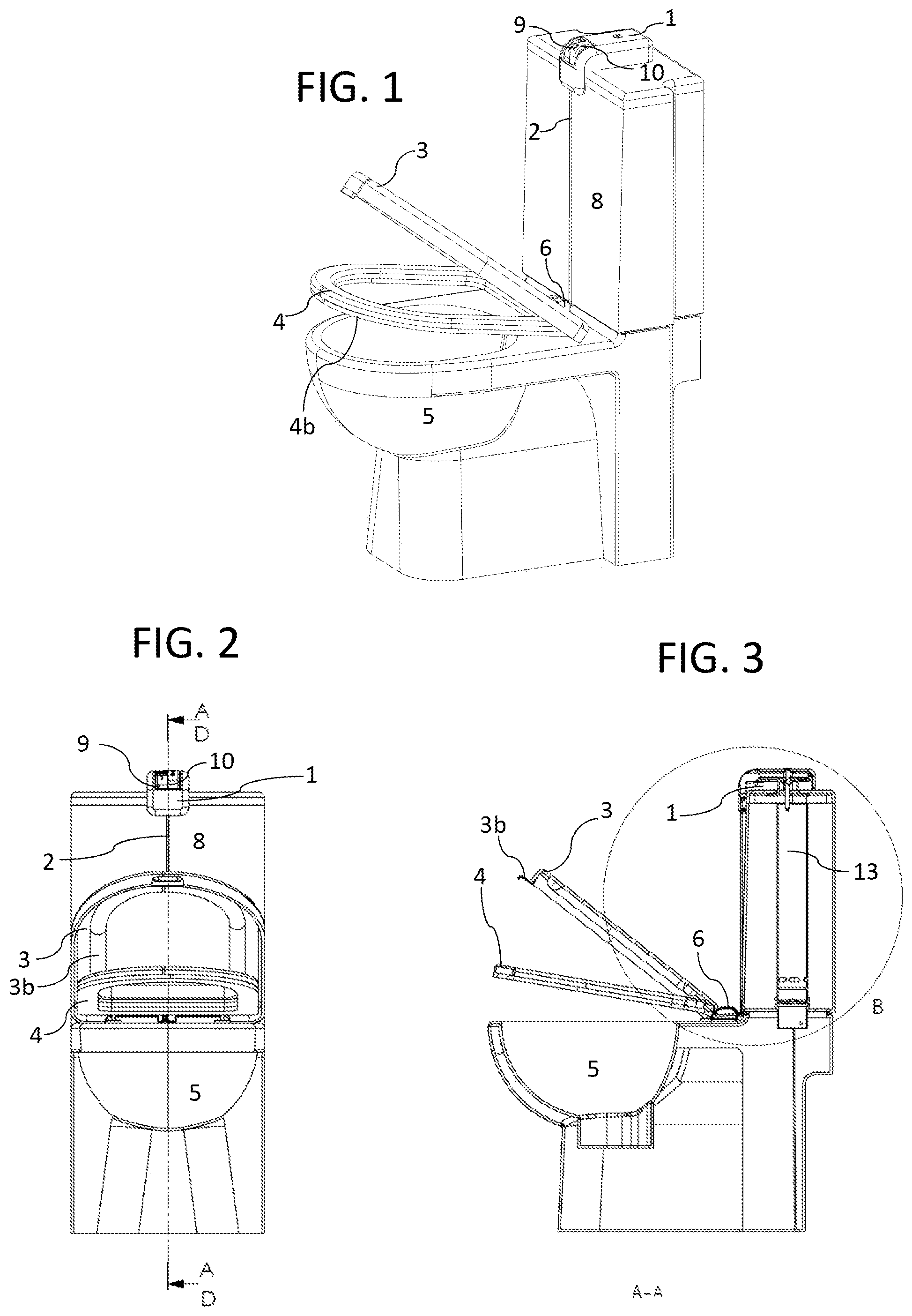 Patent US11771274 — Toilet lid and seat closer and flushing system — Figure 1