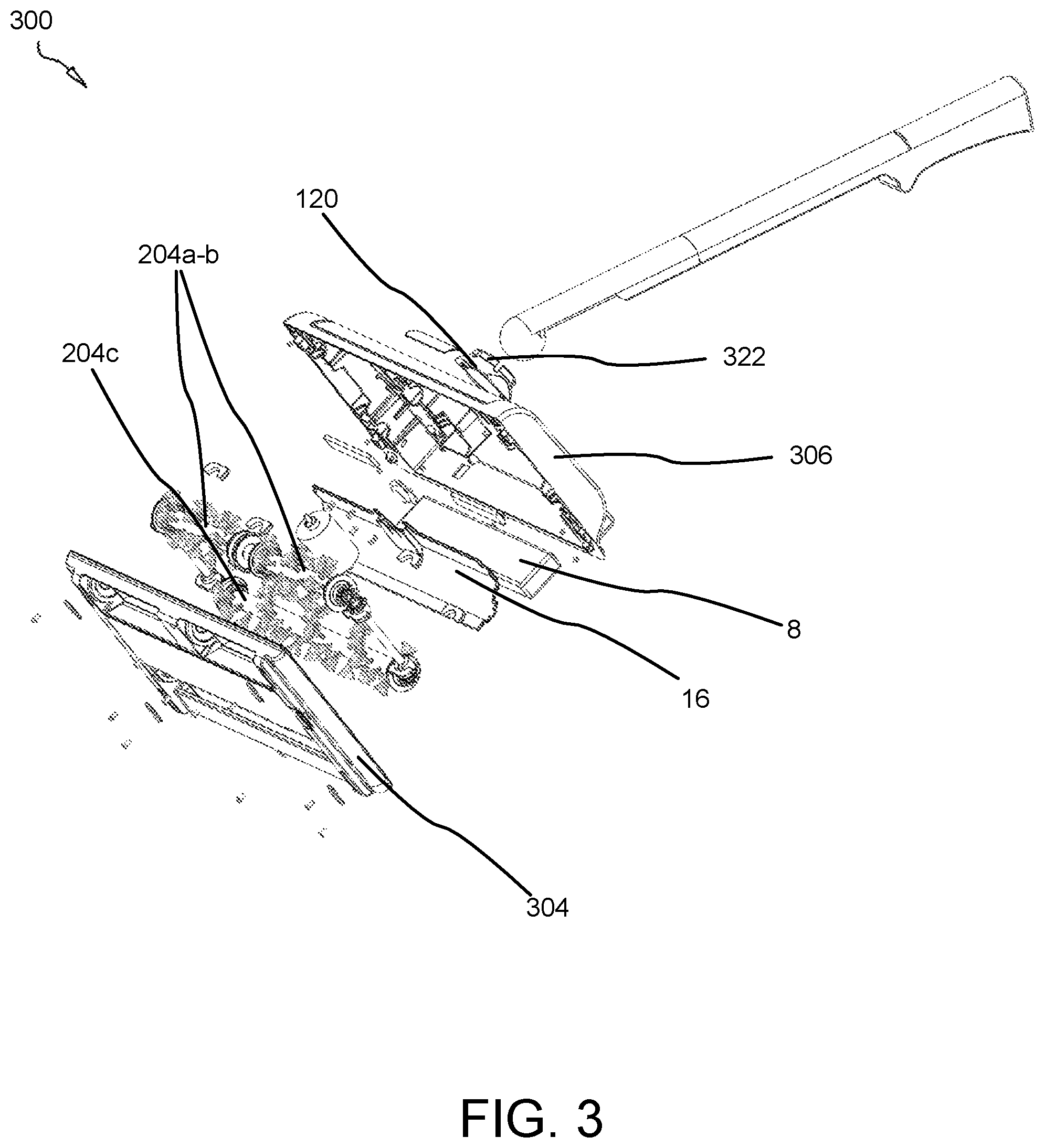 Patent US11771289 Figure 3 – Handheld sweeper with rotating bristles for removing hair and fur from surfaces