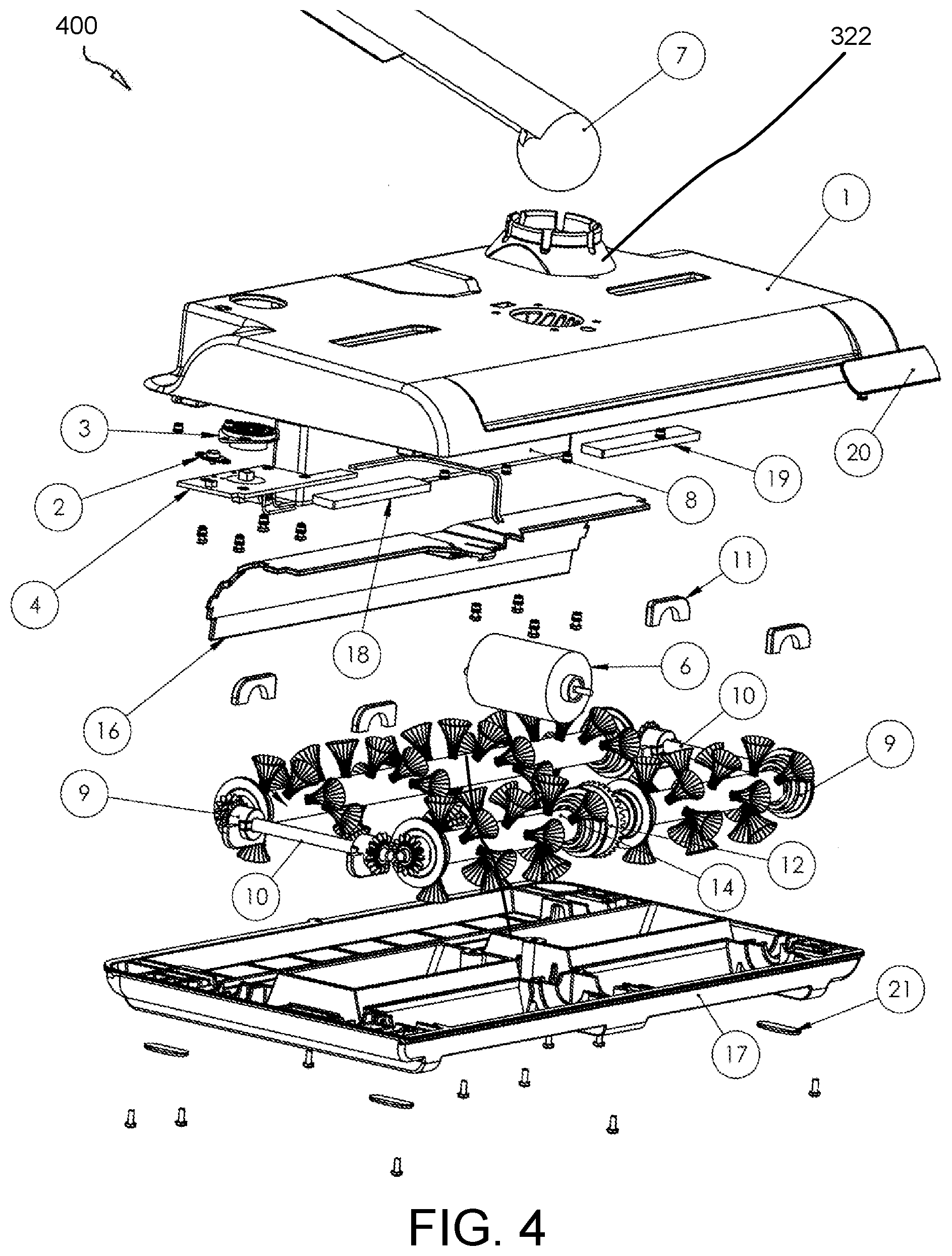 Patent US11771289 Figure 4 – Handheld sweeper with rotating bristles for removing hair and fur from surfaces