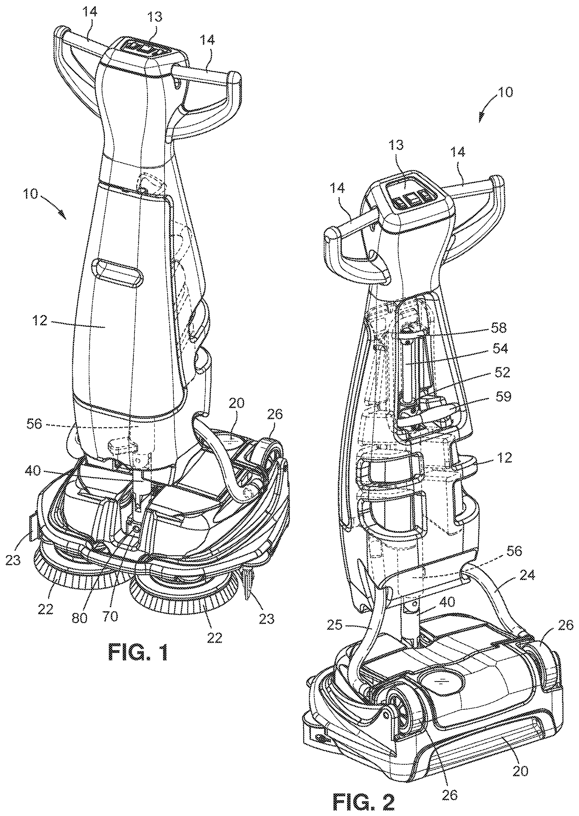 Patent US11771292 Figure 1 – Floor scrubber apparatus with releasably locking handle
