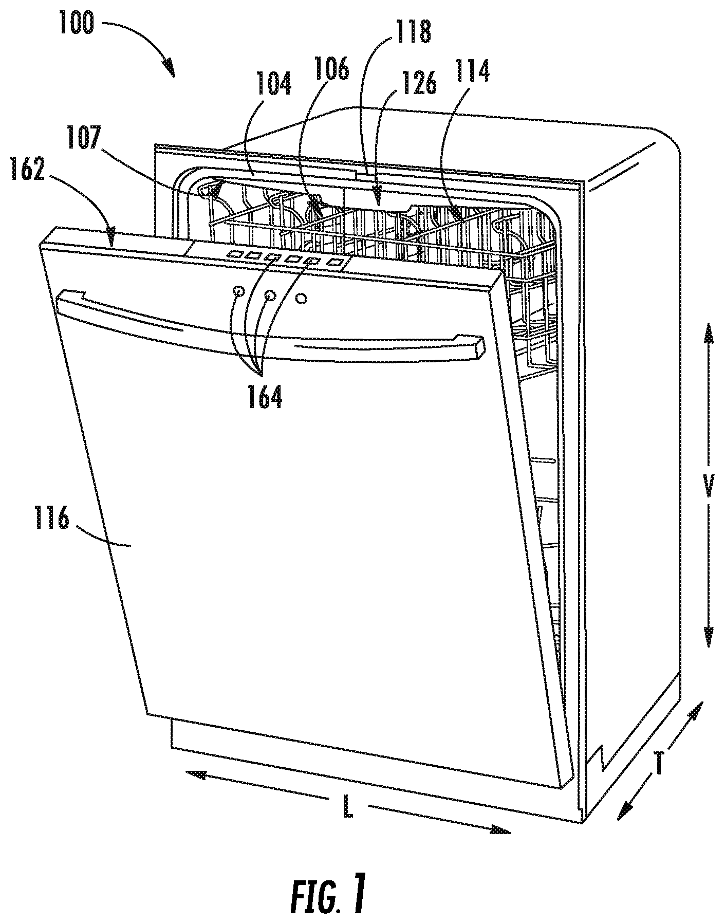 Patent US11771300 Figure 1 – Universal bracket for supporting racks in a dishwasher appliance