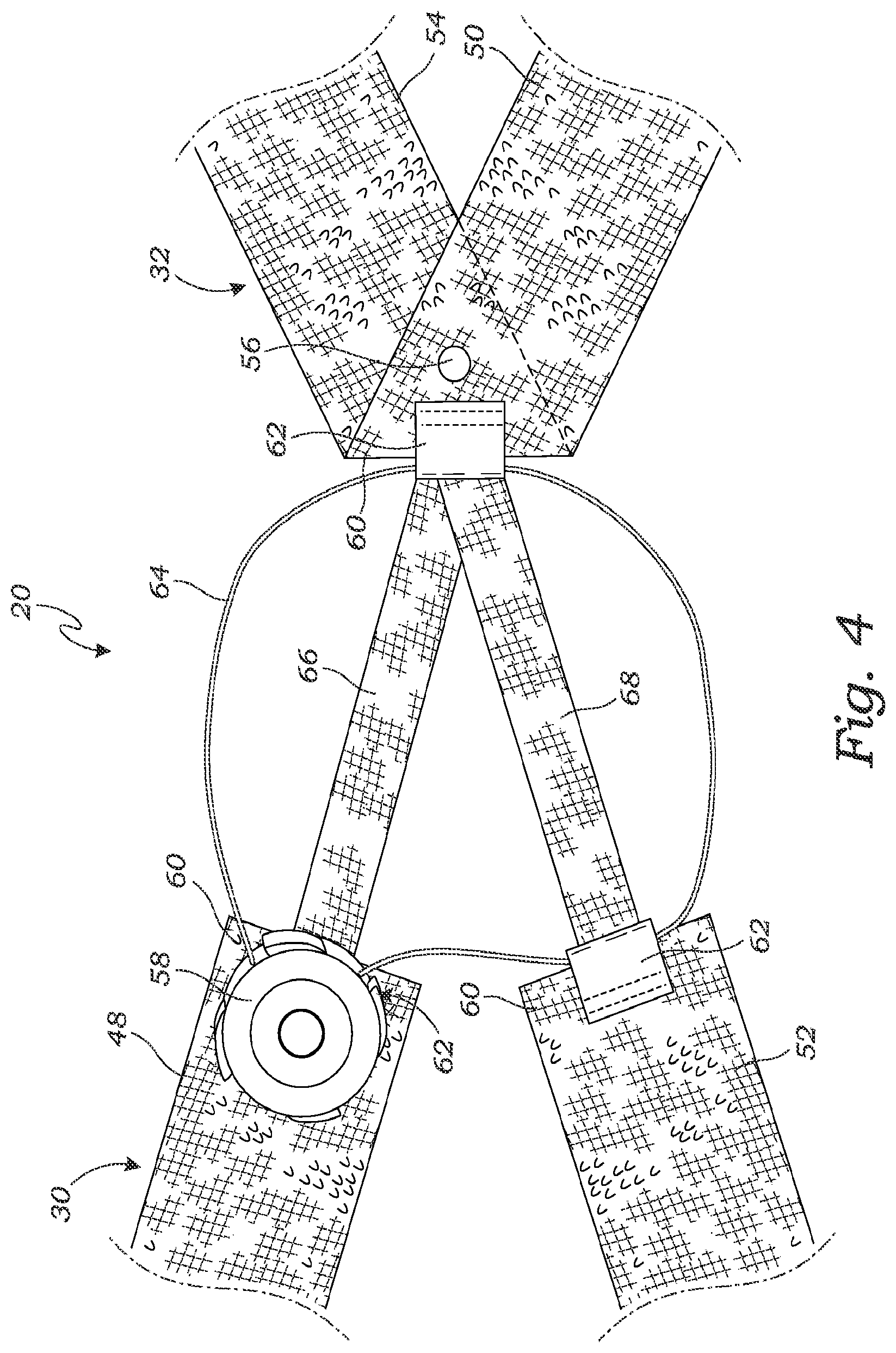 Patent US11771578 Figure 4 – Cross-strap tensioning apparatus for osteoarthritis braces