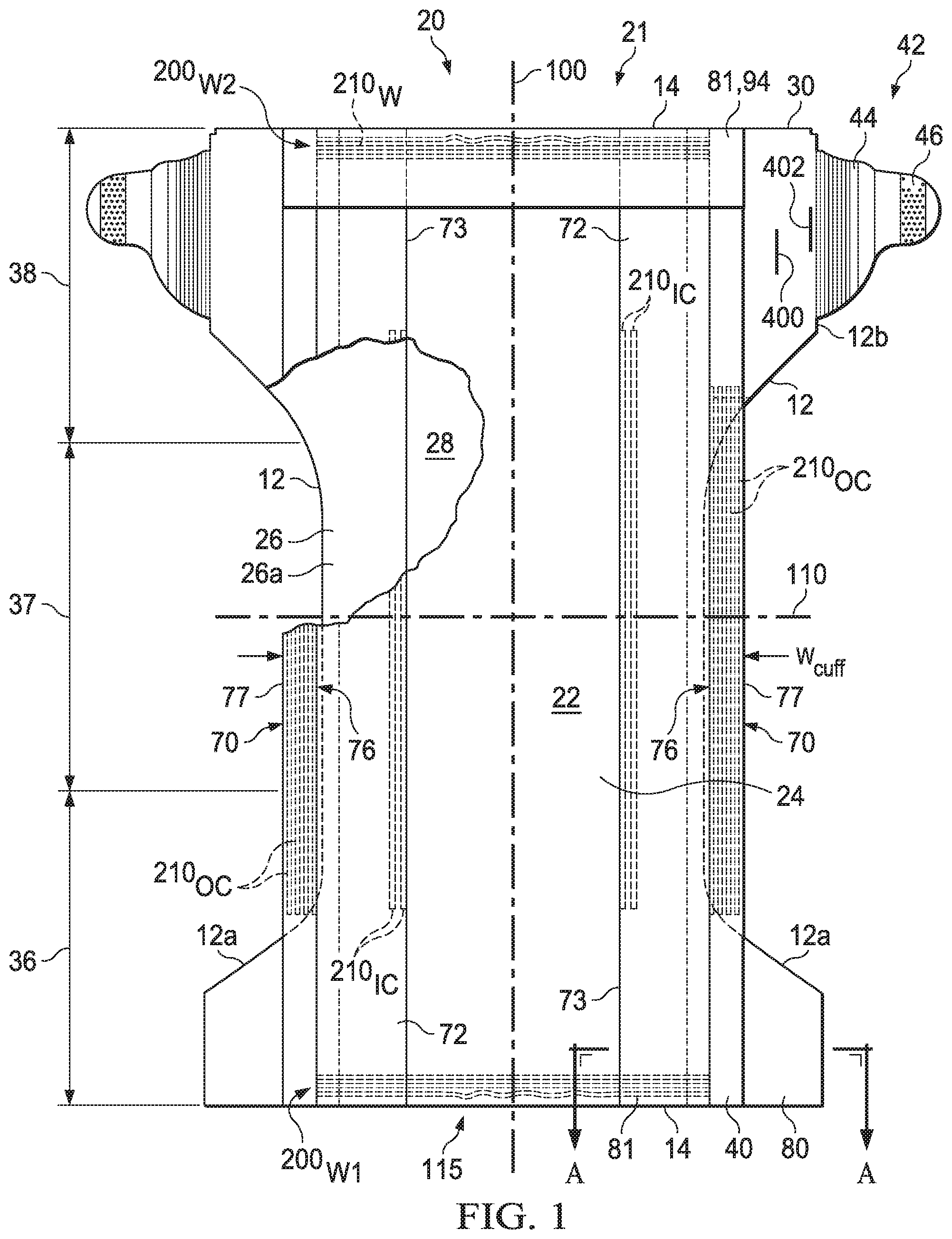 Patent US11771601 Figure 1 – Absorbent article with elasticized region