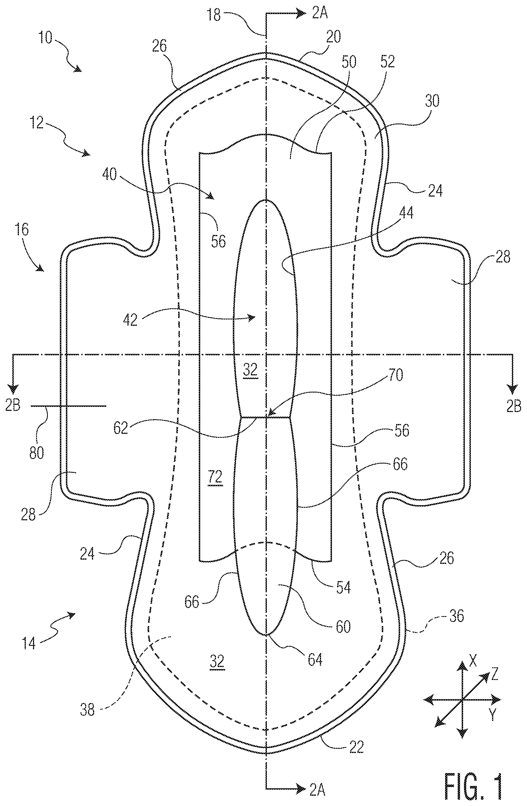 Patent US11771605 Figure 1 – Absorbent article with an exudate management layer