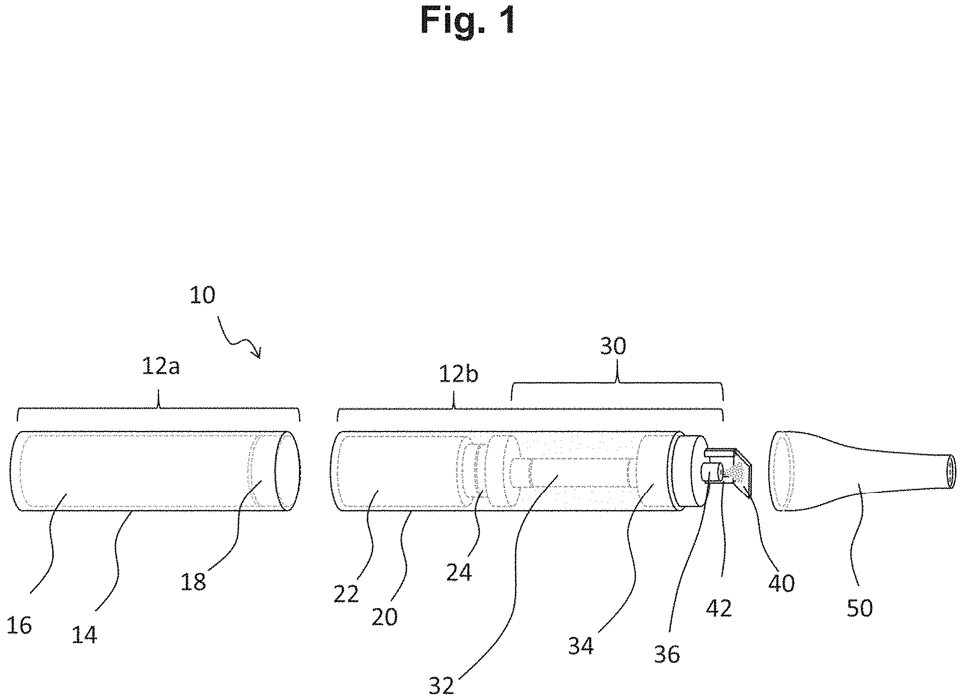 Patent US11771854 Figure 1 – Vaporizer including a heater assembly and delivery device