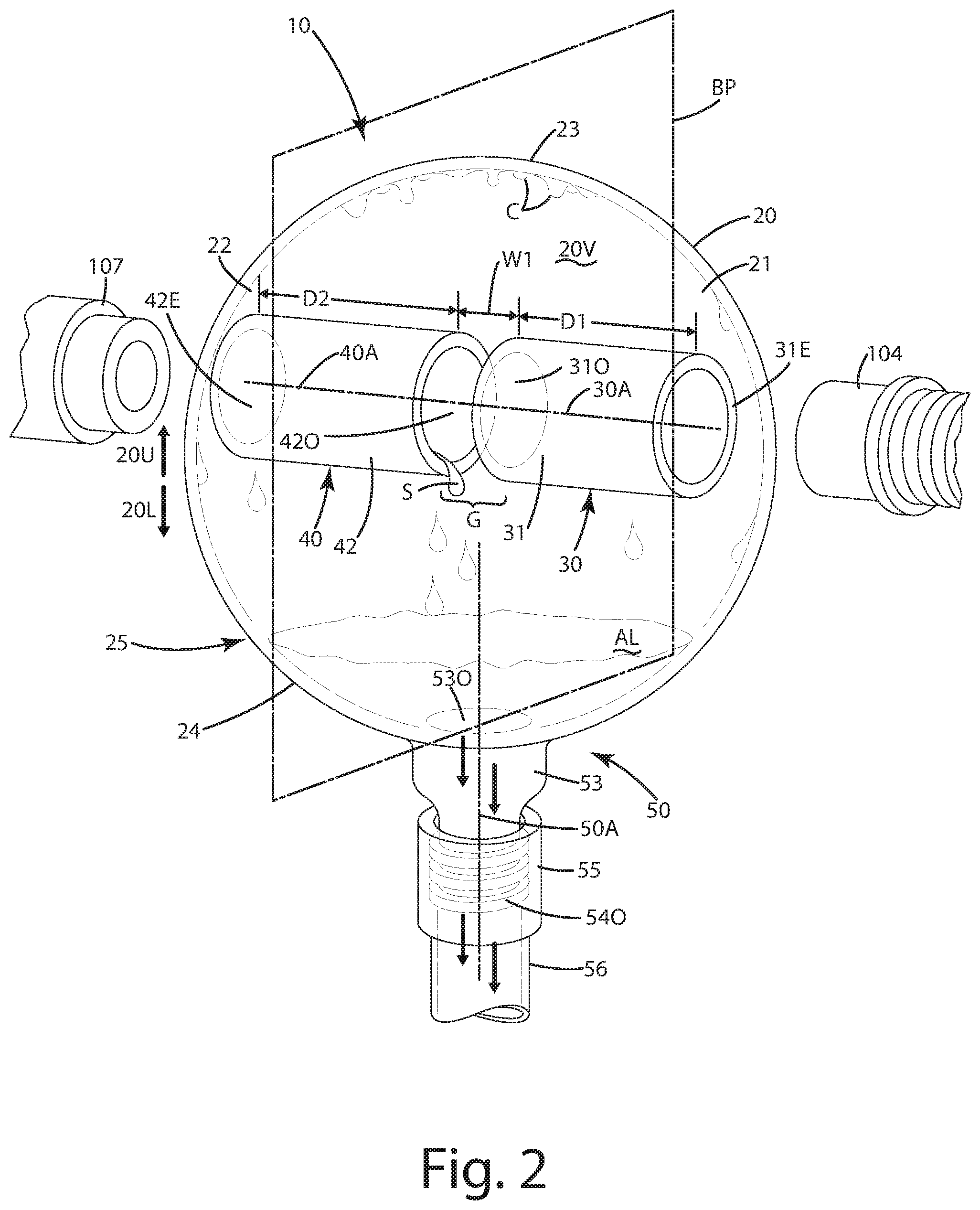 Patent US11771859 Figure 2 – Liquid removal apparatus for a breathing circuit and related method of use