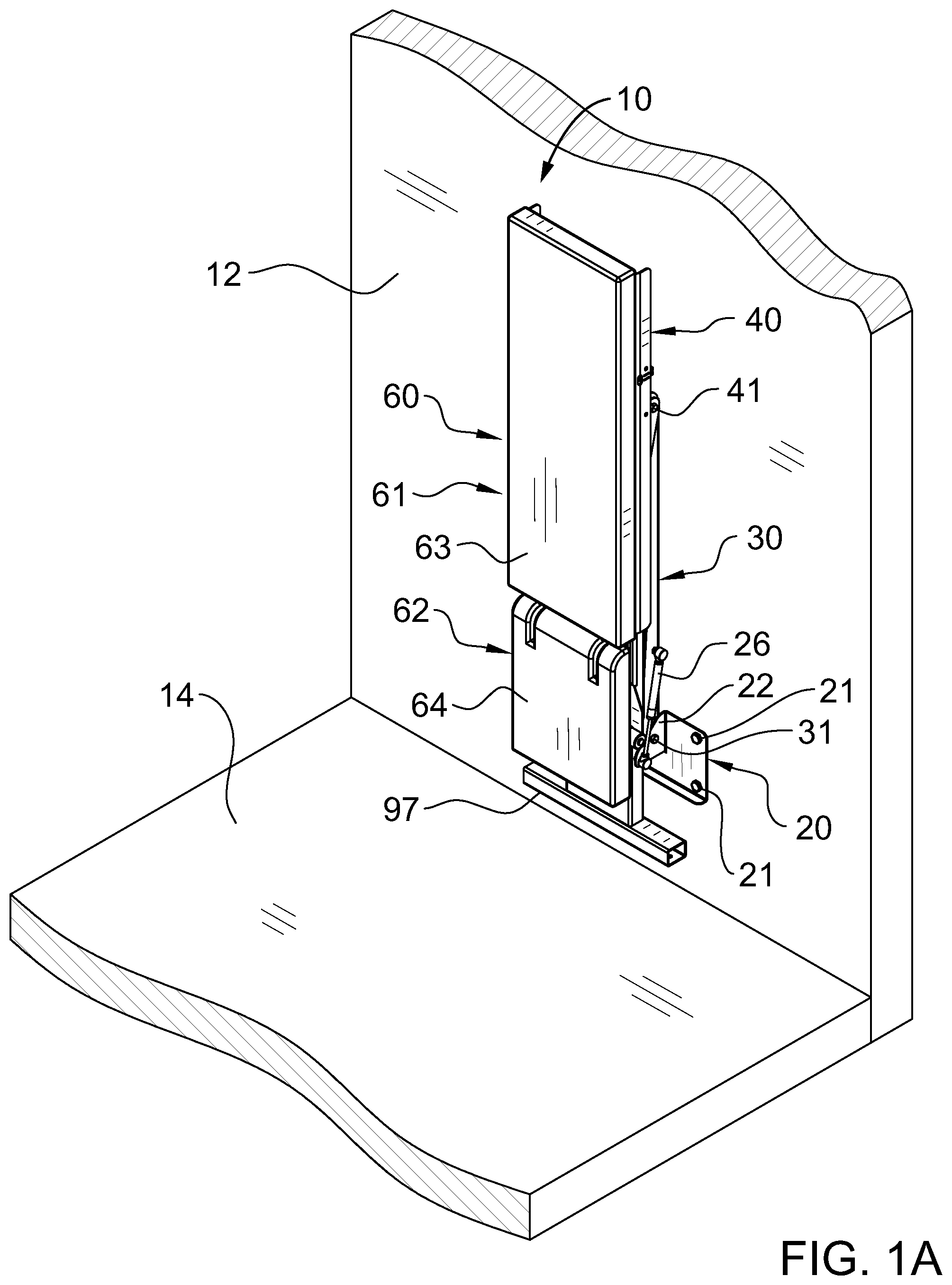 Patent US11771945 Figure 1 – Retractable wall mountable inclinable bench system