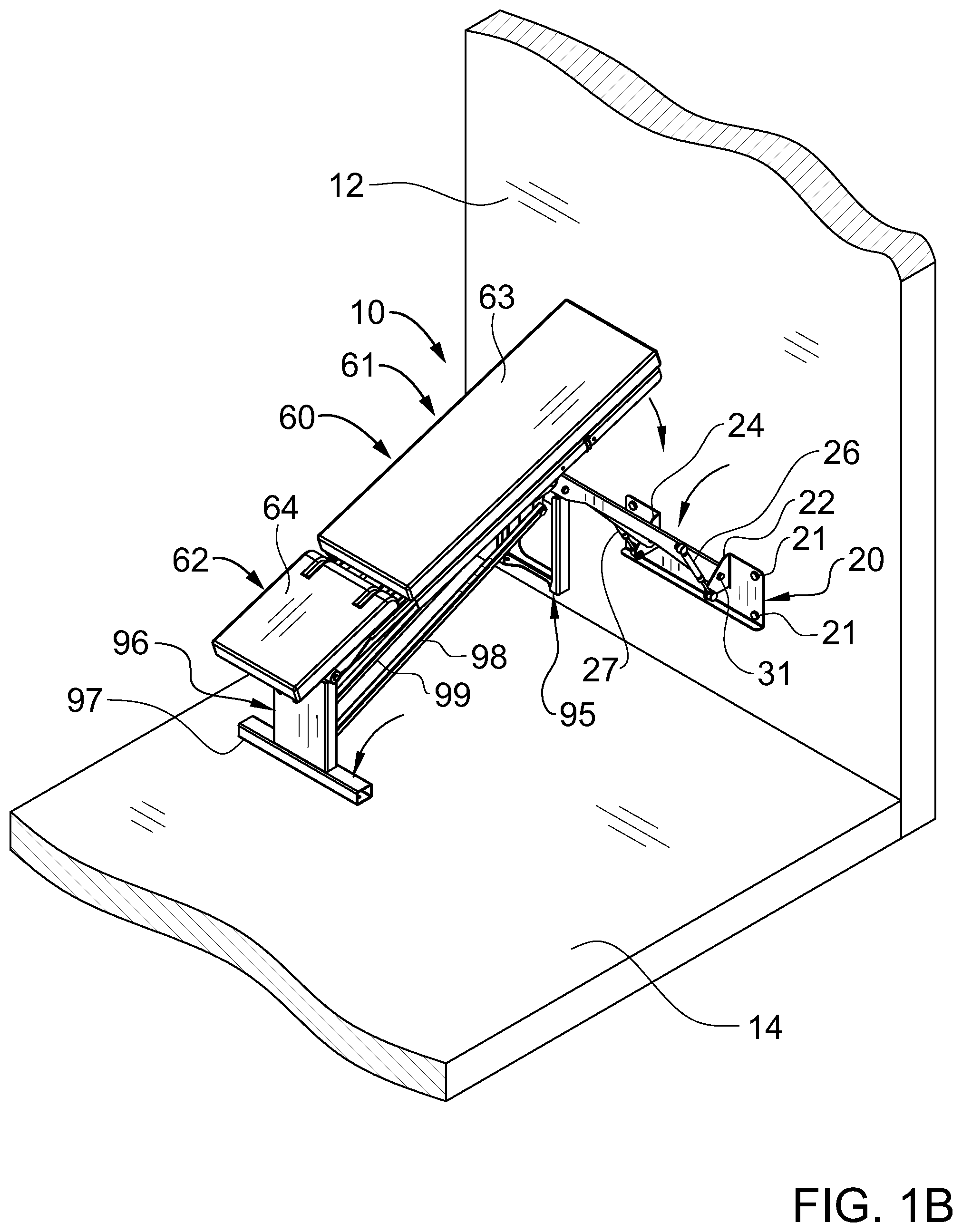 Patent US11771945 Figure 2 – Retractable wall mountable inclinable bench system