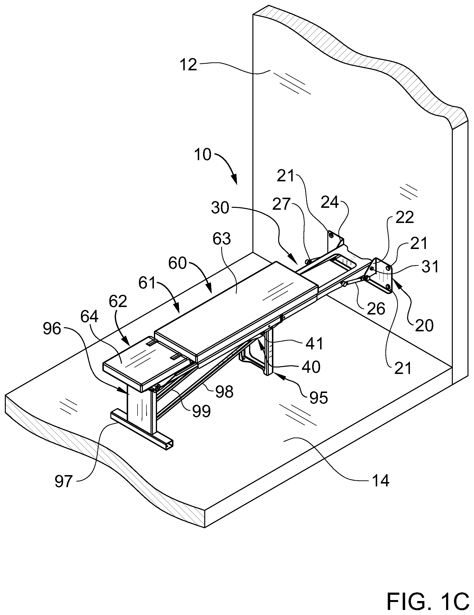 Patent US11771945 Figure 3 – Retractable wall mountable inclinable bench system