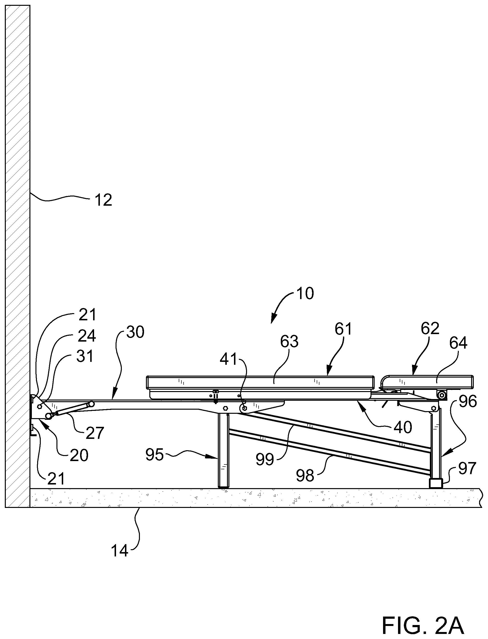 Patent US11771945 Figure 4 – Retractable wall mountable inclinable bench system