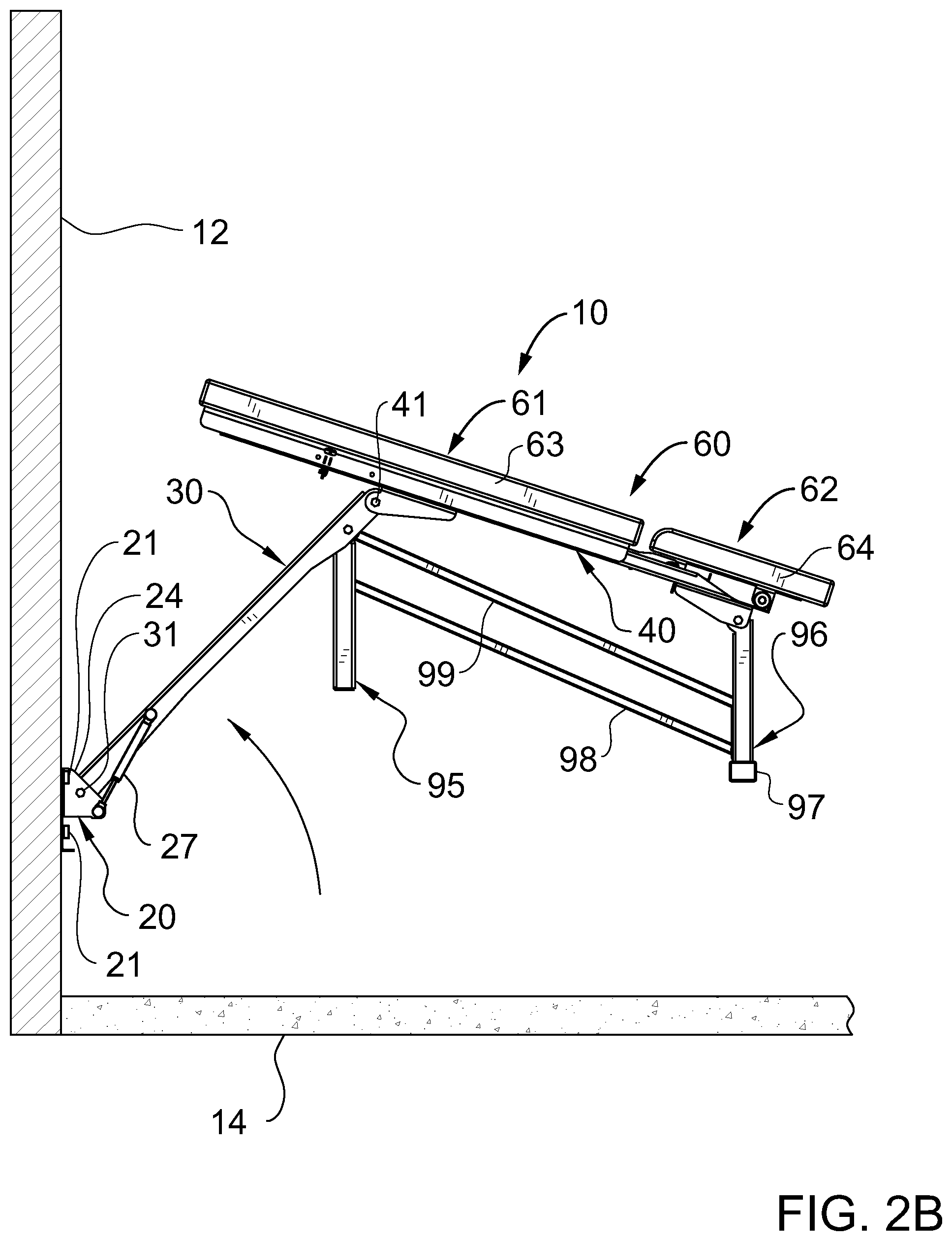 Patent US11771945 Figure 5 – Retractable wall mountable inclinable bench system