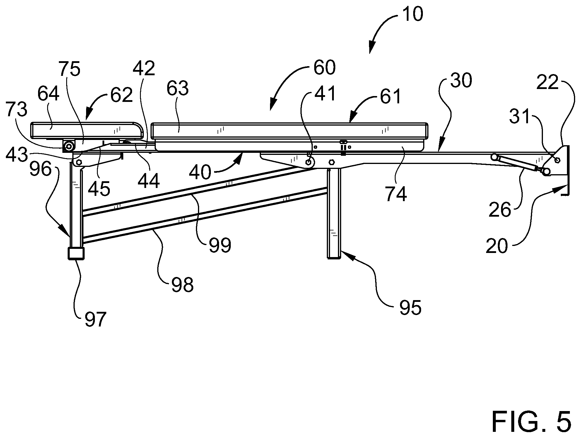 Patent US11771945 Figure 10 – Retractable wall mountable inclinable bench system