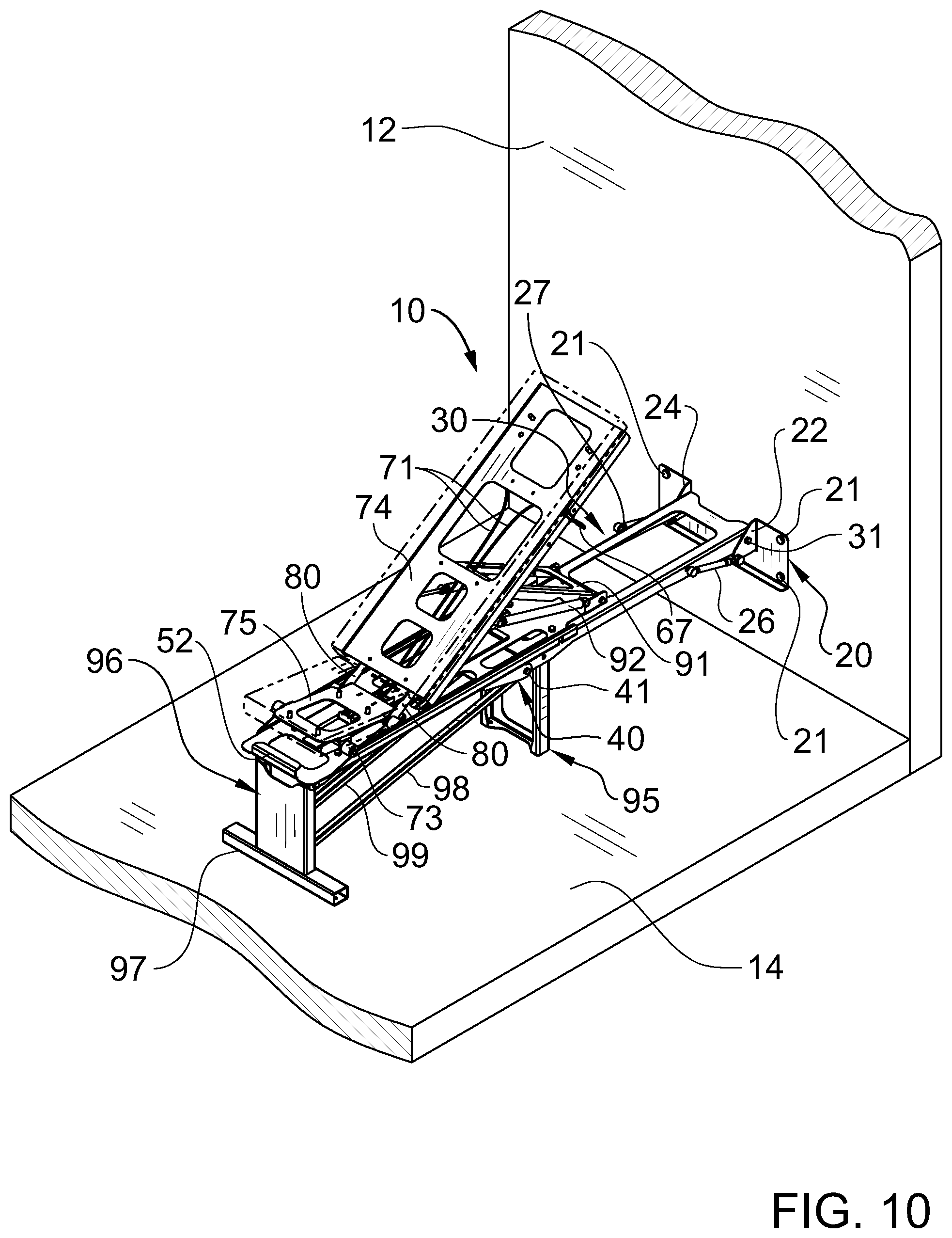 Patent US11771945 Figure 14 – Retractable wall mountable inclinable bench system