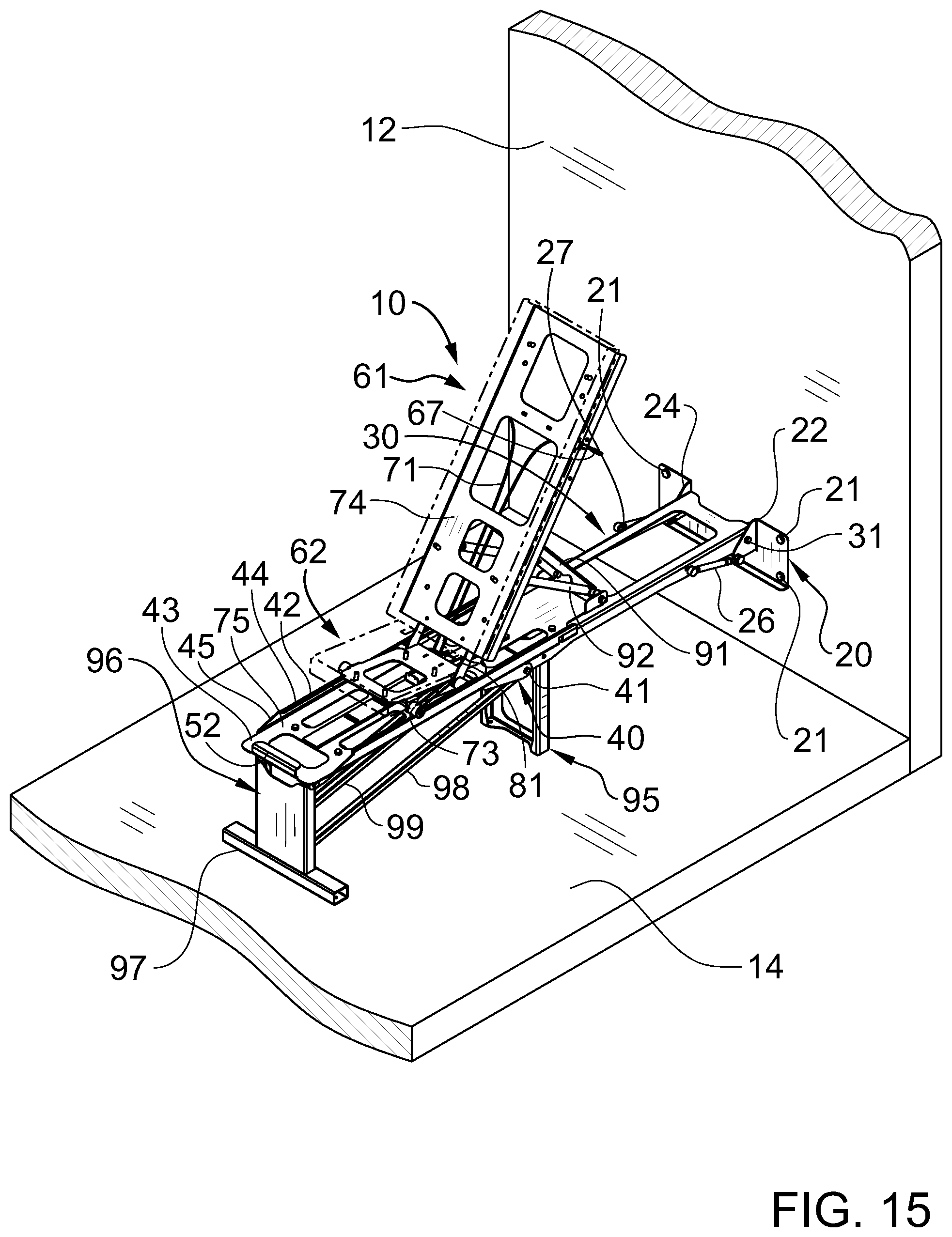 Patent US11771945 Figure 18 – Retractable wall mountable inclinable bench system