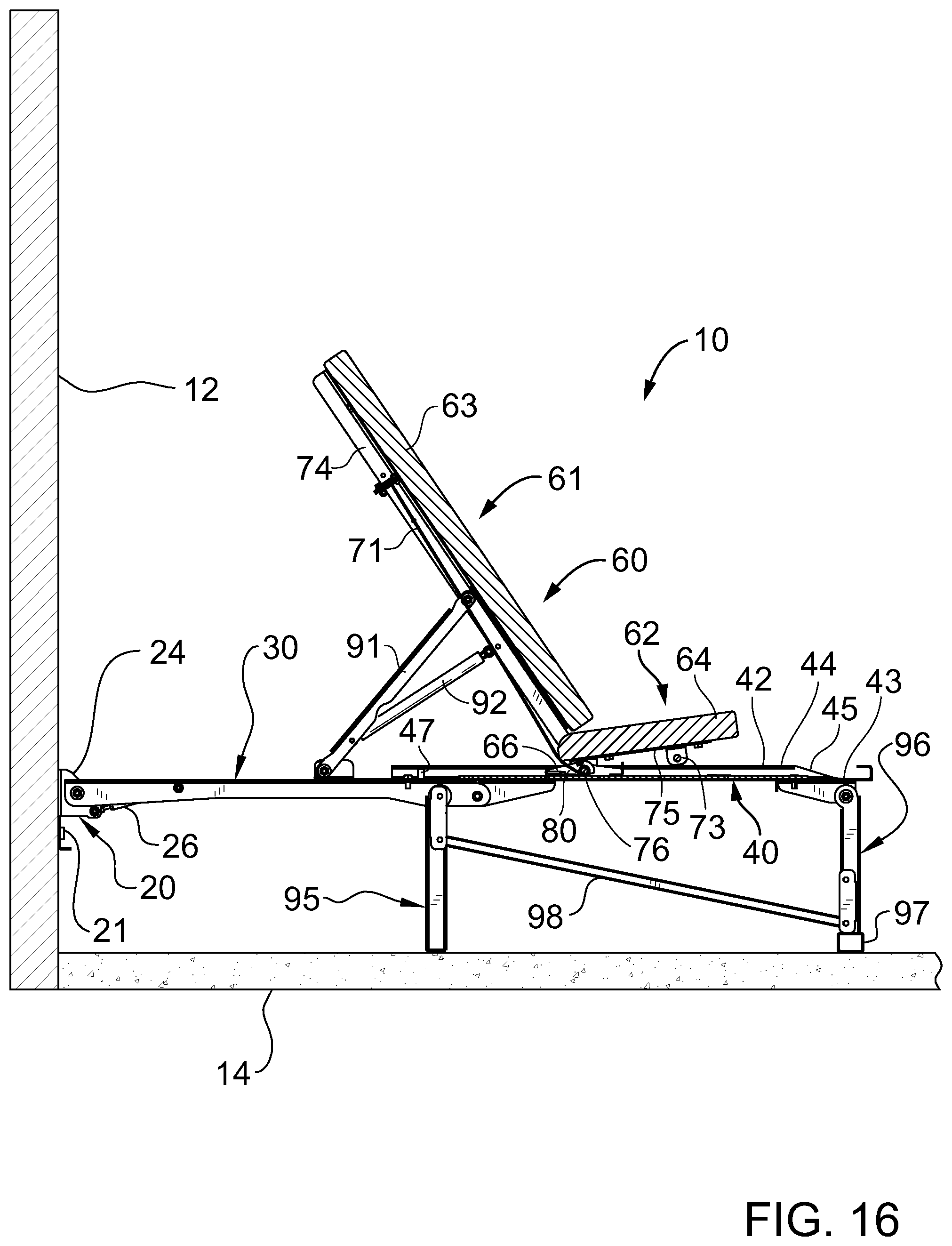 Patent US11771945 Figure 19 – Retractable wall mountable inclinable bench system