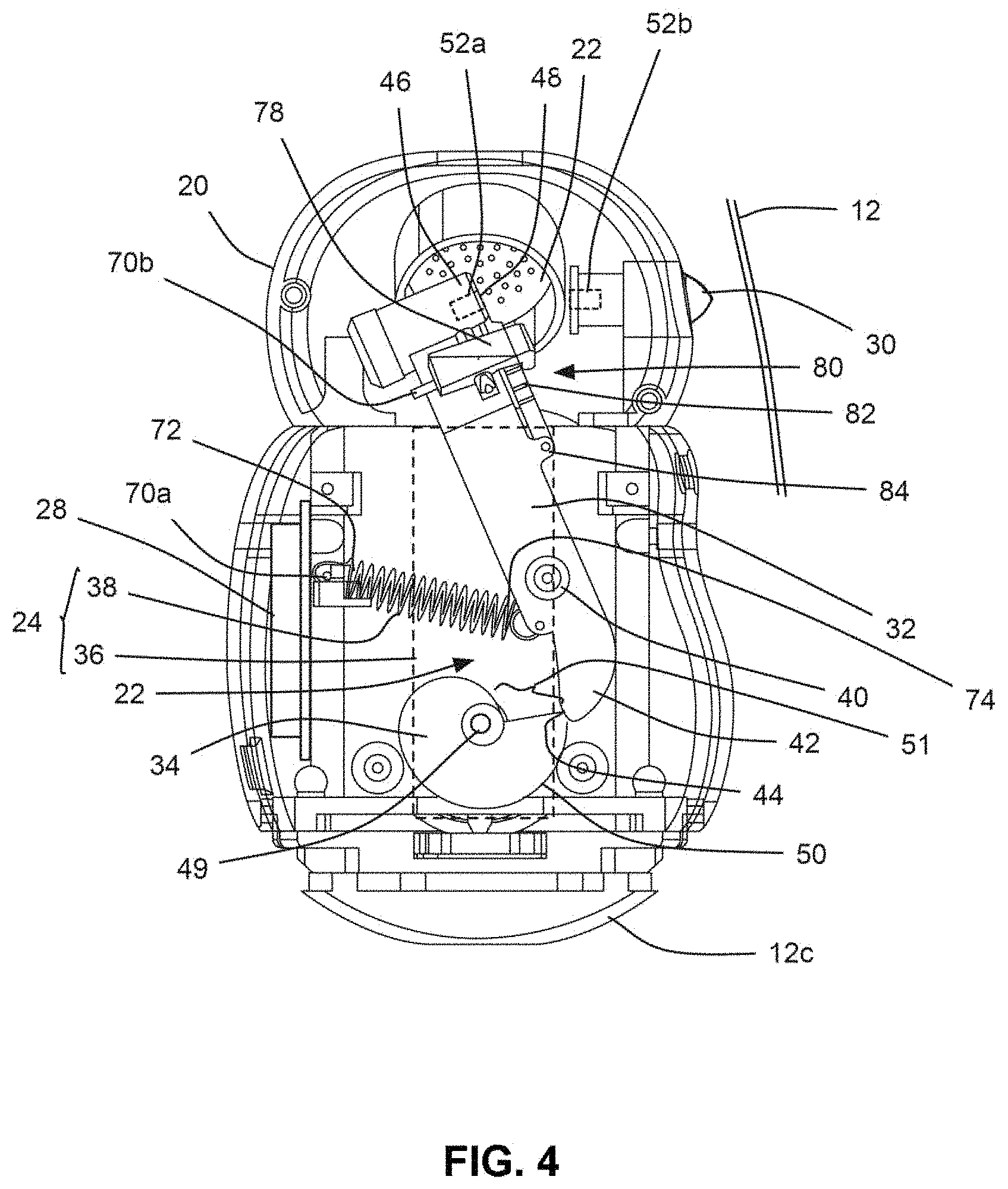 Patent US11772002 Figure 4 – Assembly with object in housing and mechanism to open housing