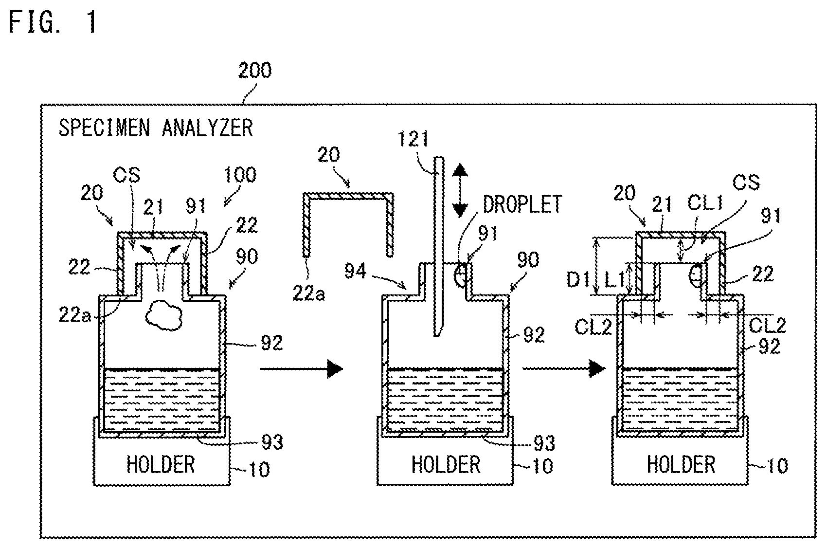 Patent US11772100 Figure 1 – Reagent container rack and specimen analyzer