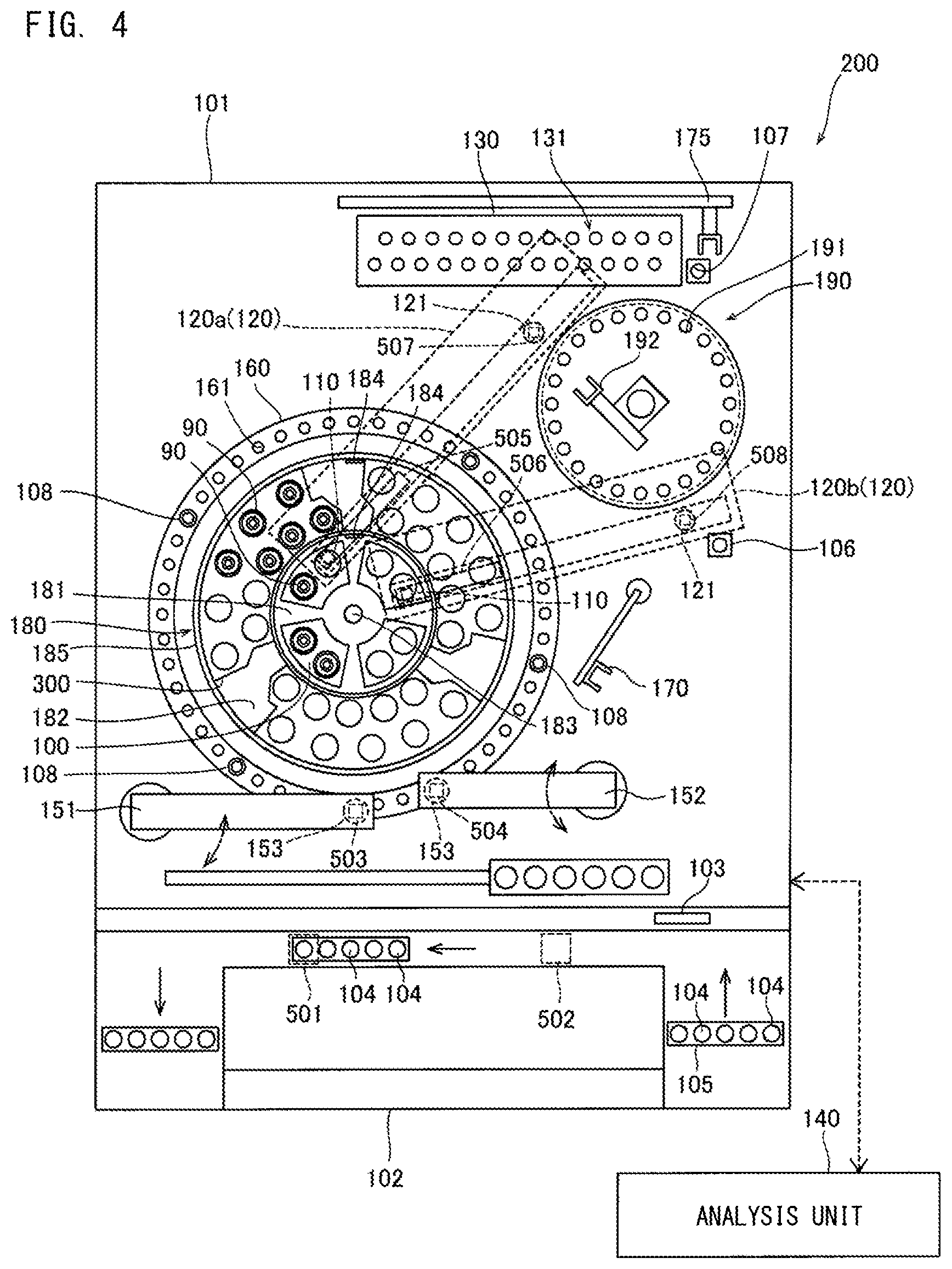 Patent US11772100 Figure 4 – Reagent container rack and specimen analyzer
