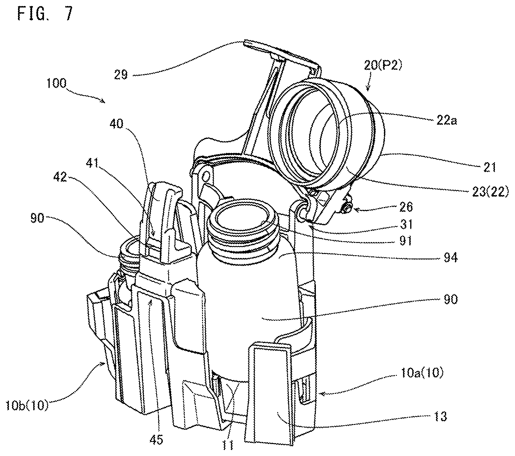 Patent US11772100 Figure 7 – Reagent container rack and specimen analyzer